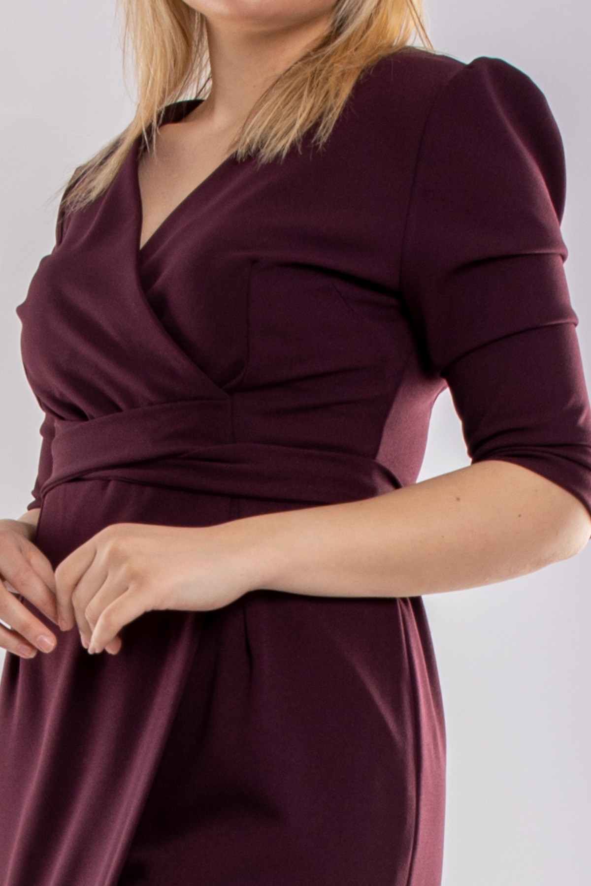 61246 Büyük Beden Kruvaze Yaka Bağlamalı Krep Elbise