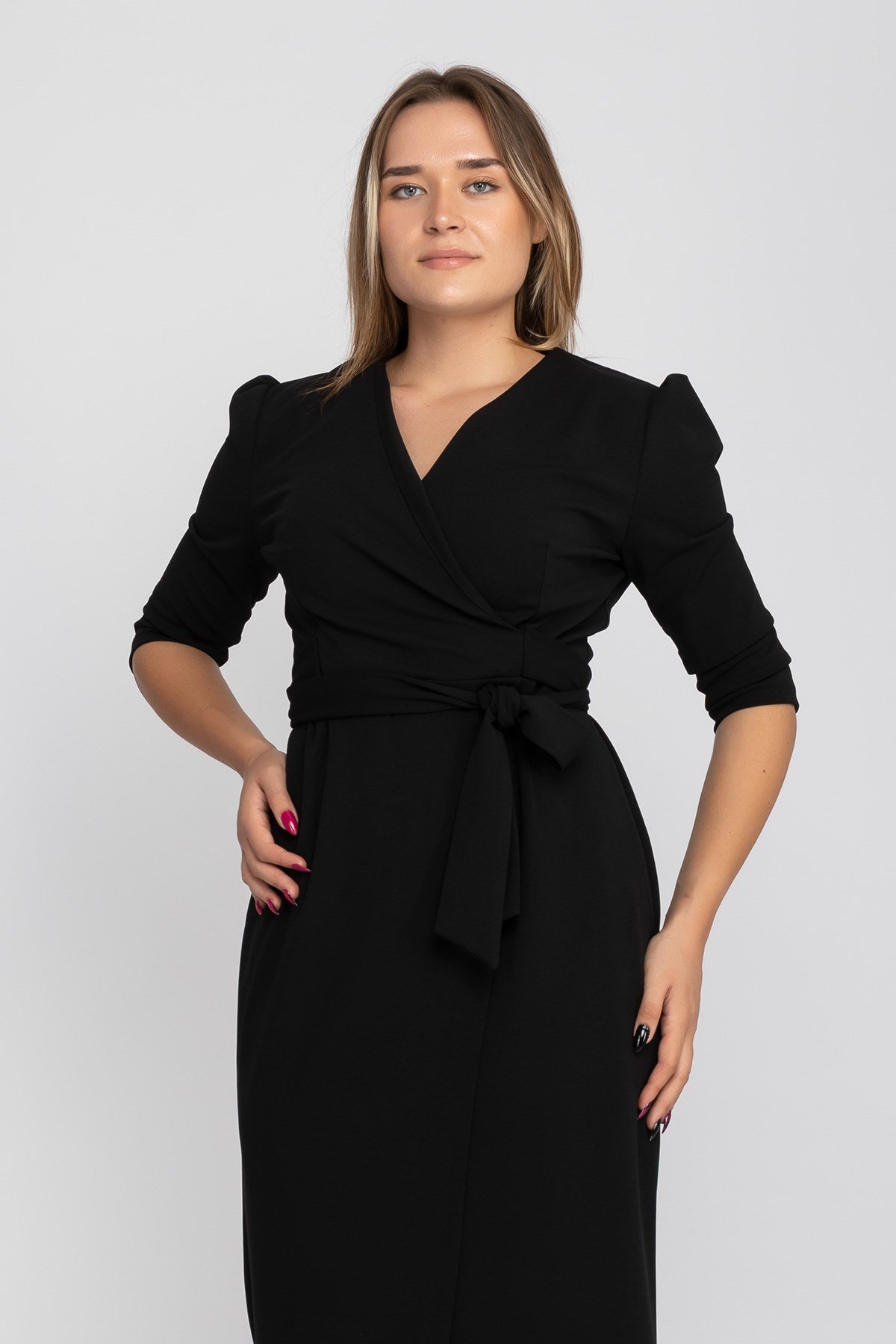 61246 Büyük Beden Kruvaze Yaka Bağlamalı Krep Elbise