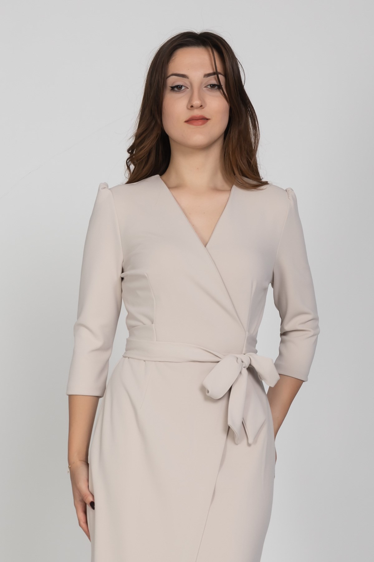 61246 KRUV.YAKA BAĞLAMALI KREP ELBİSE