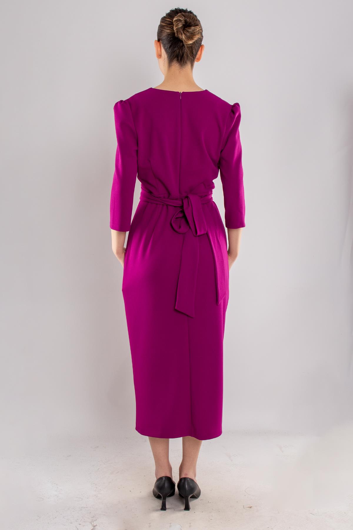 61246 Kruvaze Yaka Bağlamalı Krep Elbise