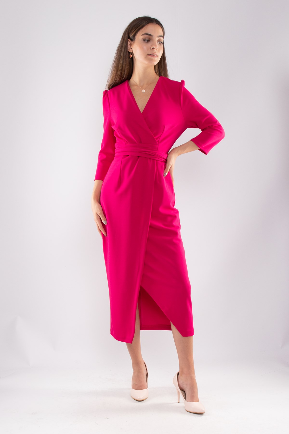 61246 Kruvaze Yaka Bağlamalı Krep Elbise