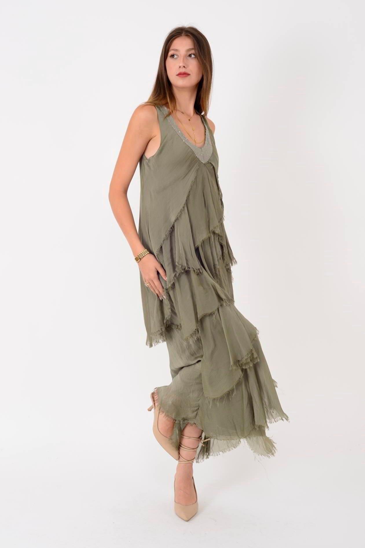 61460 Çapraz Kesim Vyaka Katkat İpek Elbise