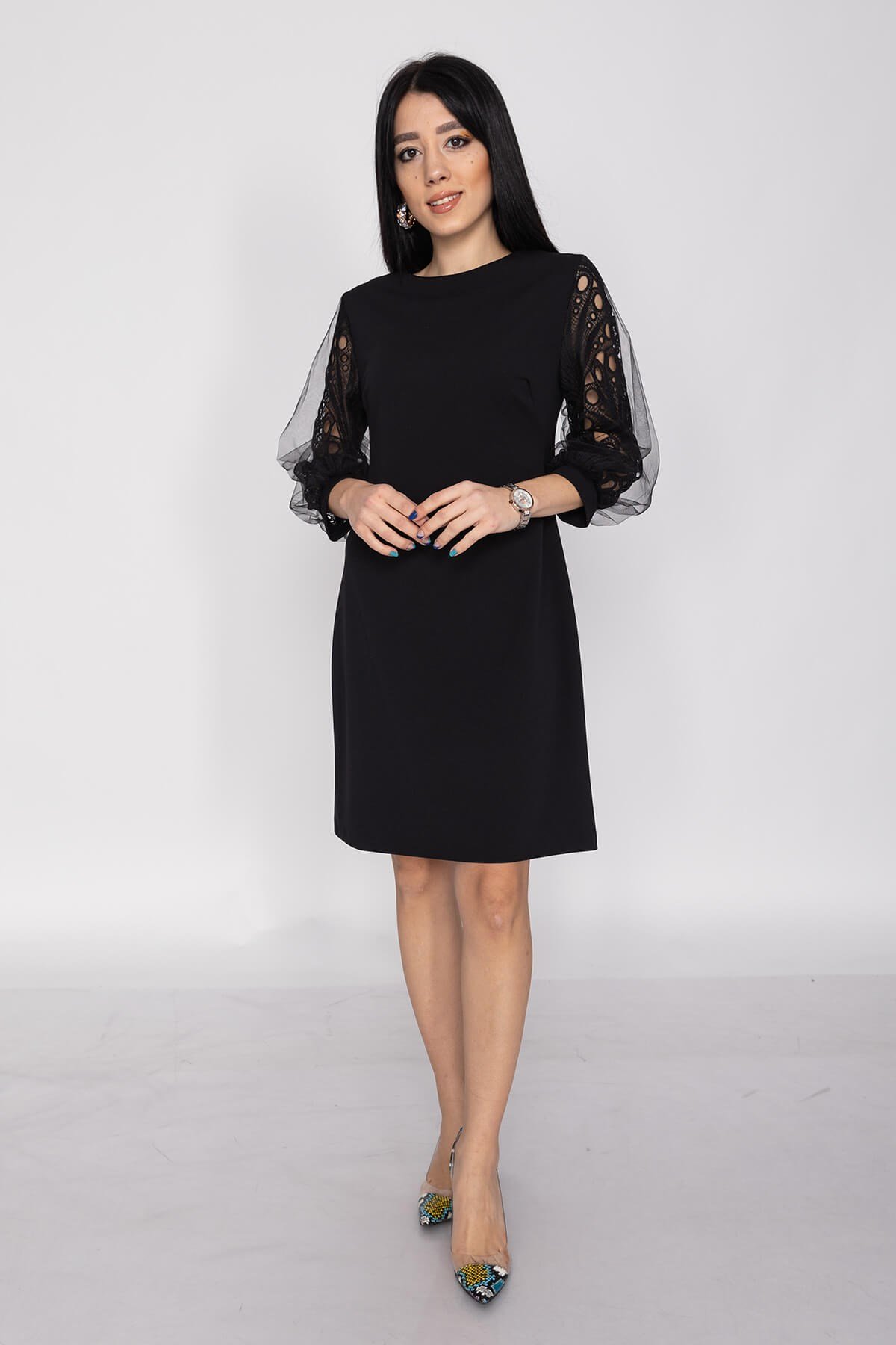 61506 Balon Tül Kol Krep Elbise