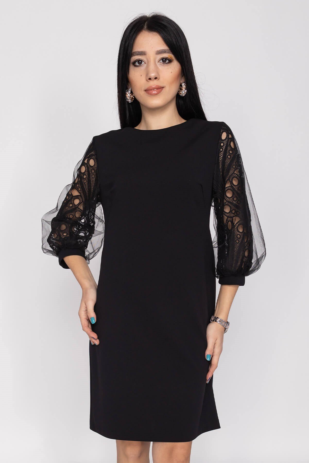 61506 Balon Tül Kol Krep Elbise