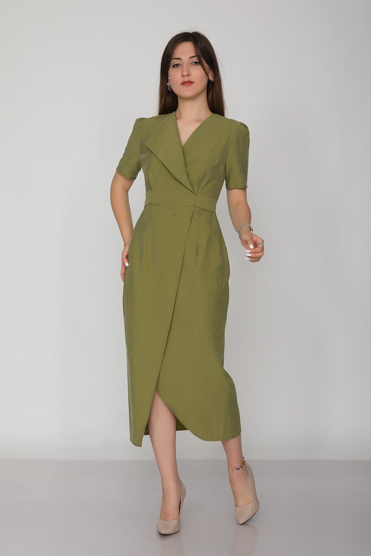 61621 Kruvaze Yaka Kuşaklı Yırtmaçlı Tencel Keten Kısa Kol Elbise