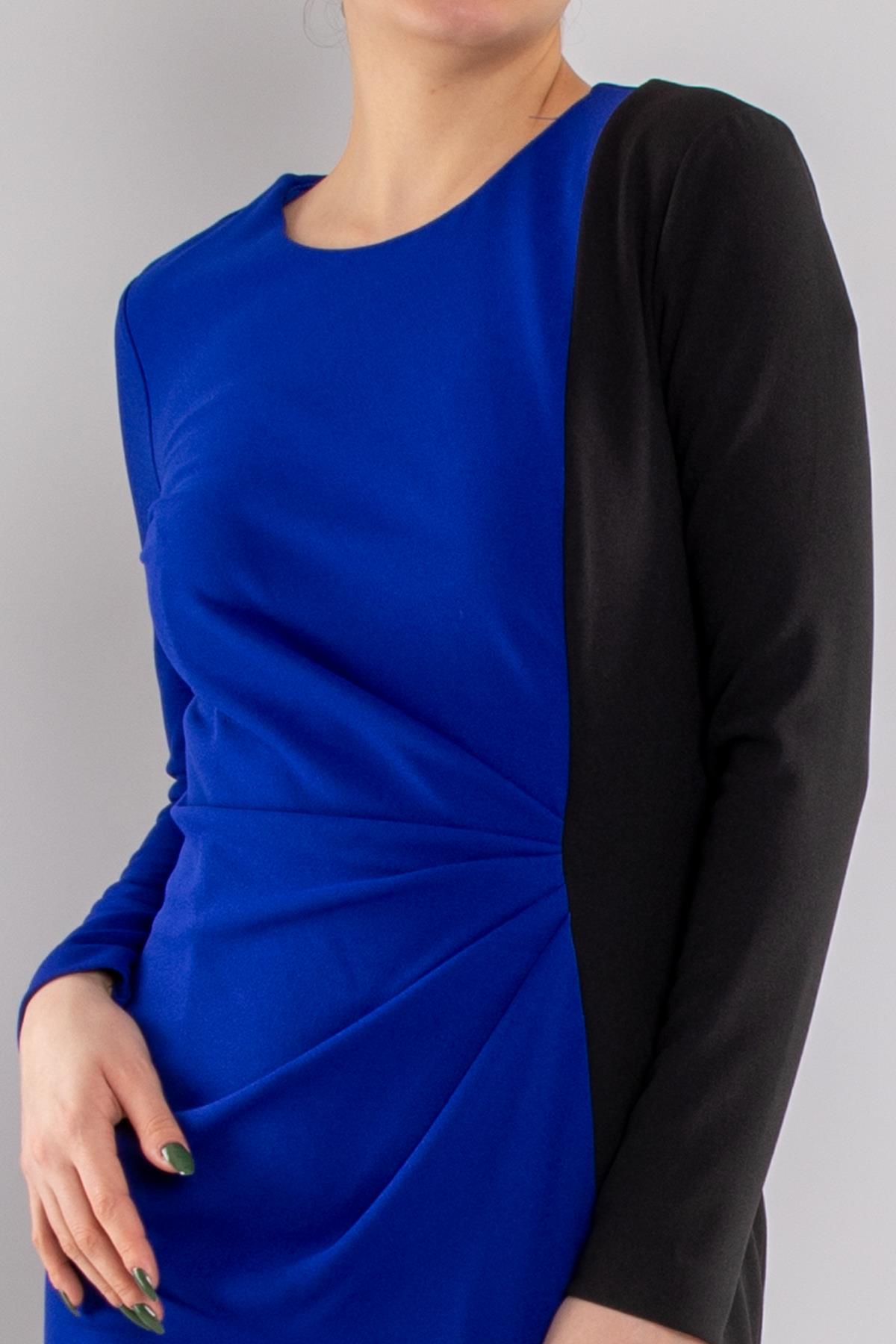 61652 İki Renkli Yandan Büzgülü Uzun Krep Elbise