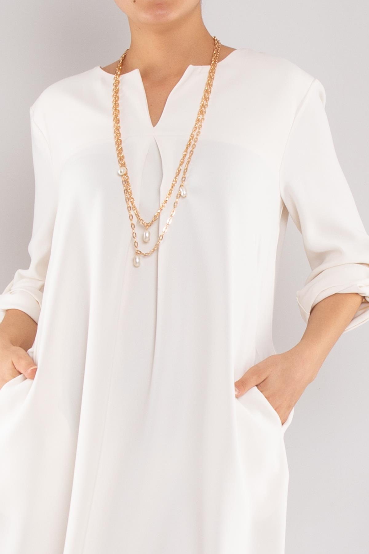 61842 Sırt Düğmeli Kolyeli Truvakar Kol Tunik Elbise