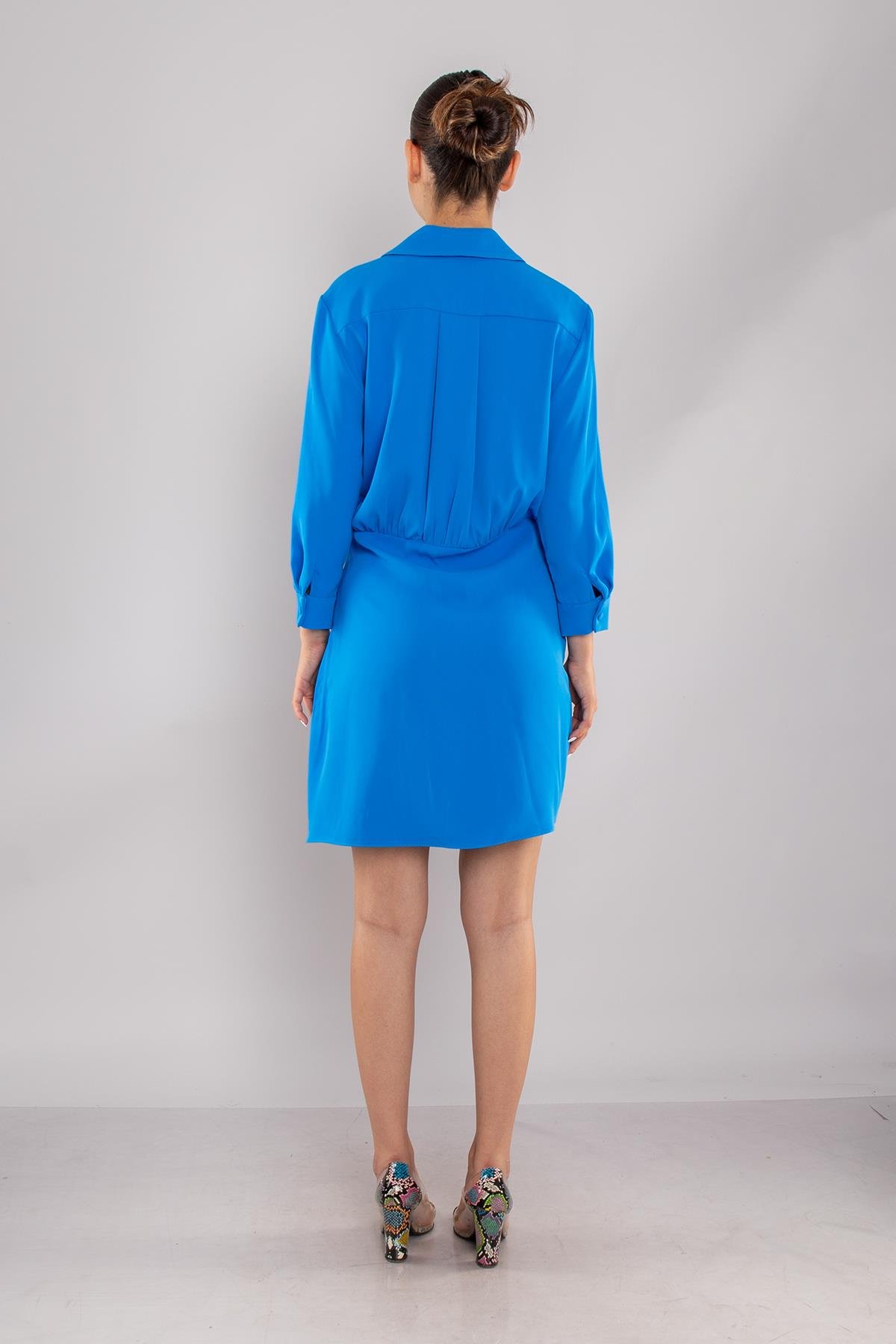 61853 Uzun Kol Drapeli Kısa Elbise