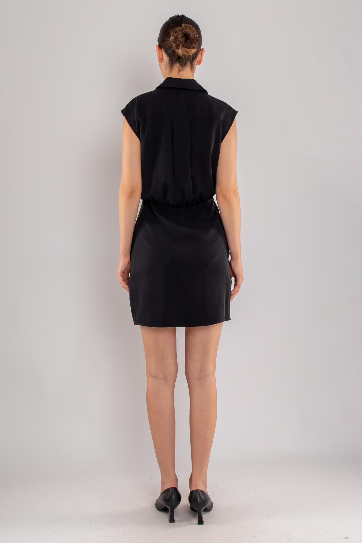 61874 Yakalı Düğme Detay Pileli Kısa Garnili Krep Elbise