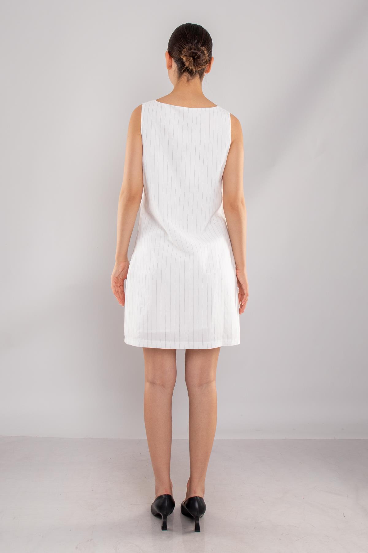 61877 İnce Çizgili Keten Kalın Askılı Astarlı Kısa Elbise