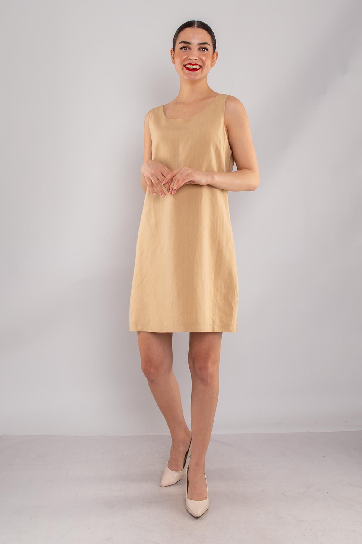 61877 İnce Çizgili Keten Kalın Askılı Astarlı Kısa Elbise