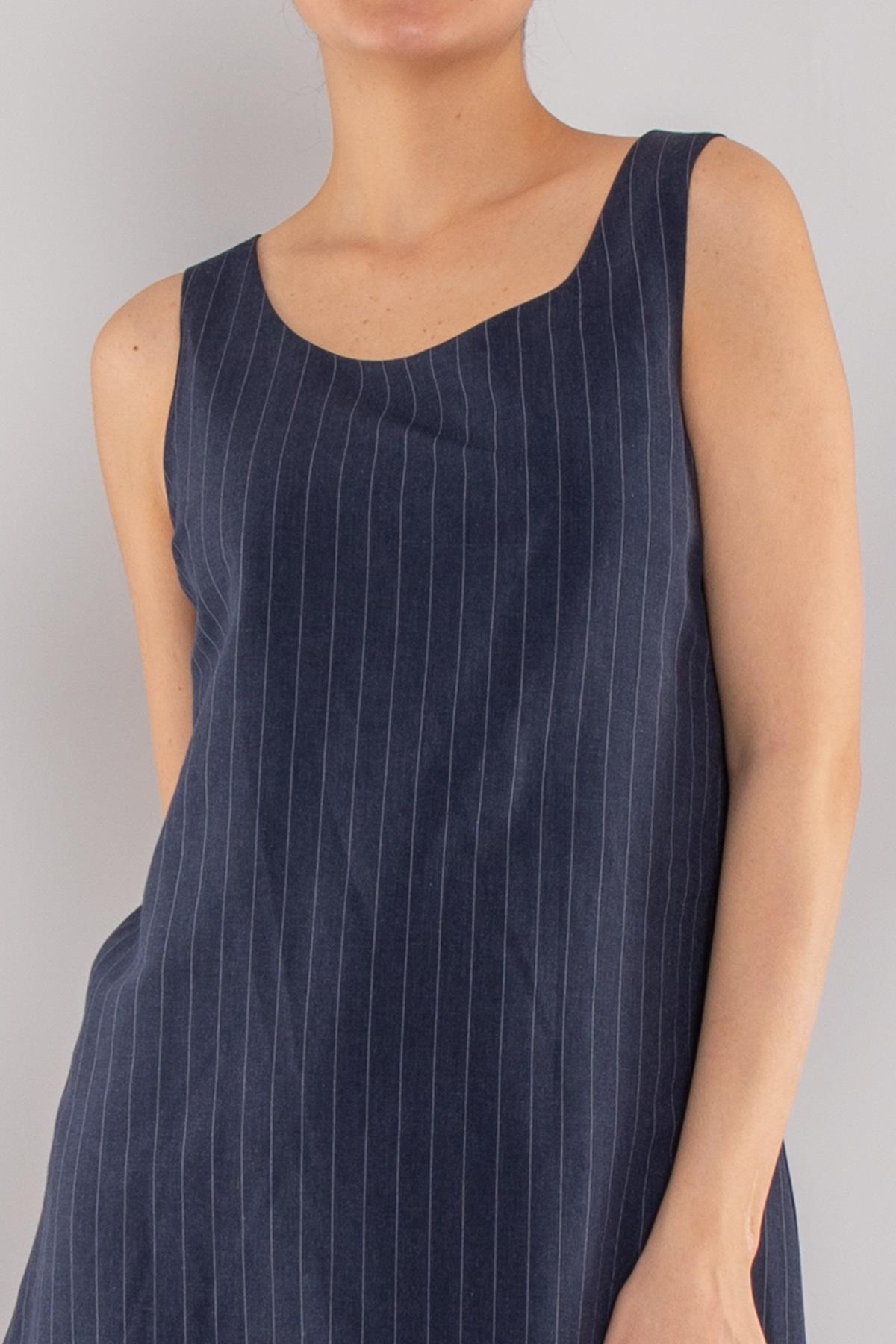 61877 İnce Çizgili Keten Kalın Askılı Astarlı Kısa Elbise