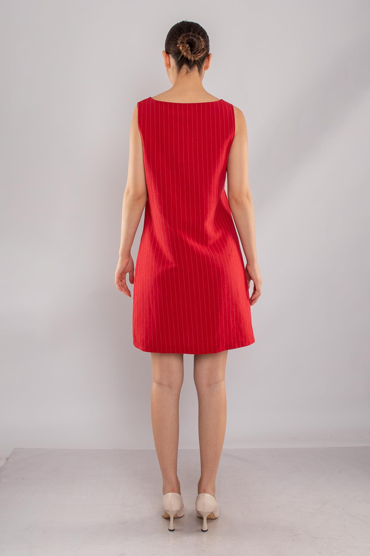 61877 İnce Çizgili Keten Kalın Askılı Astarlı Kısa Elbise