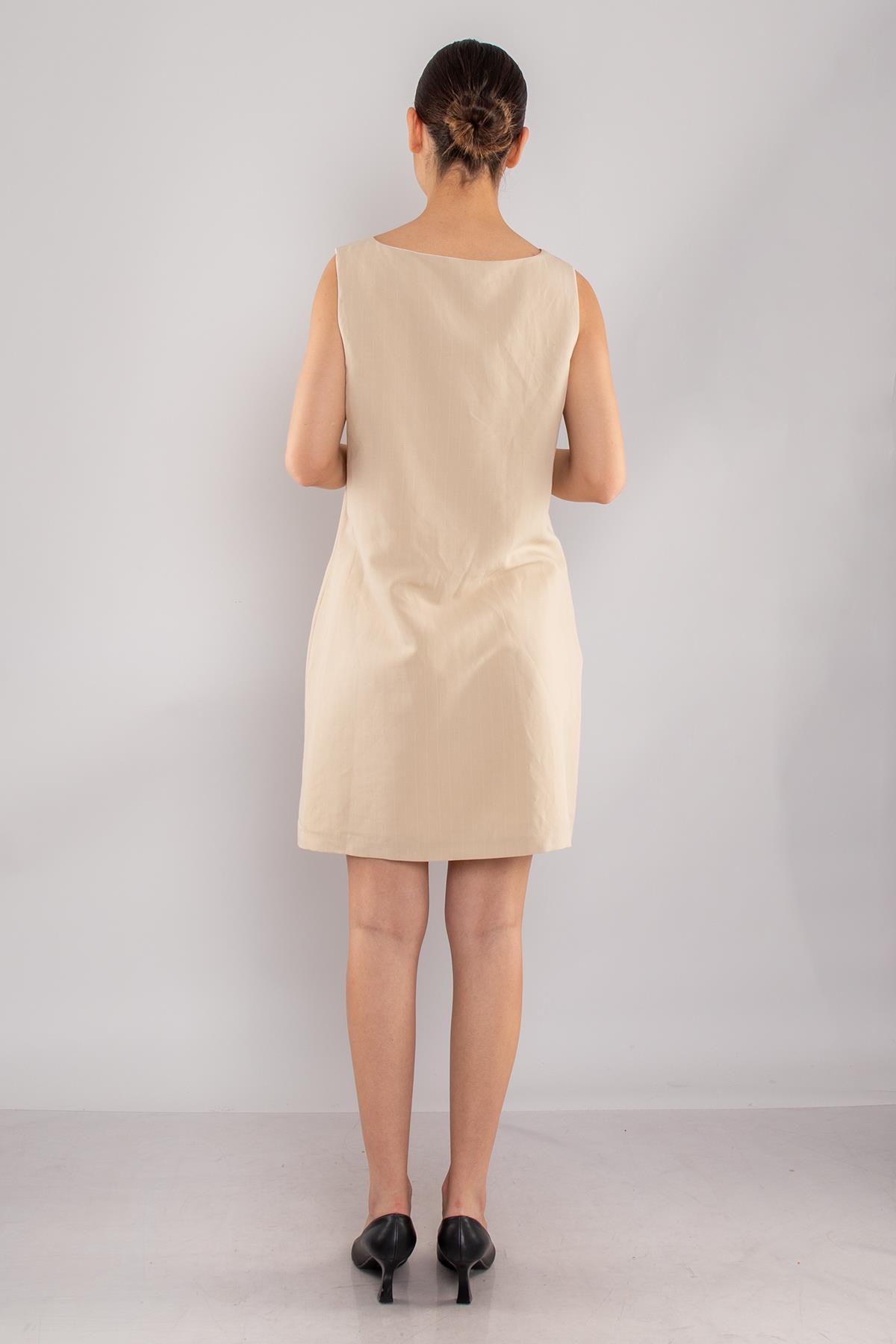 61877 İnce Çizgili Keten Kalın Askılı Astarlı Kısa Elbise