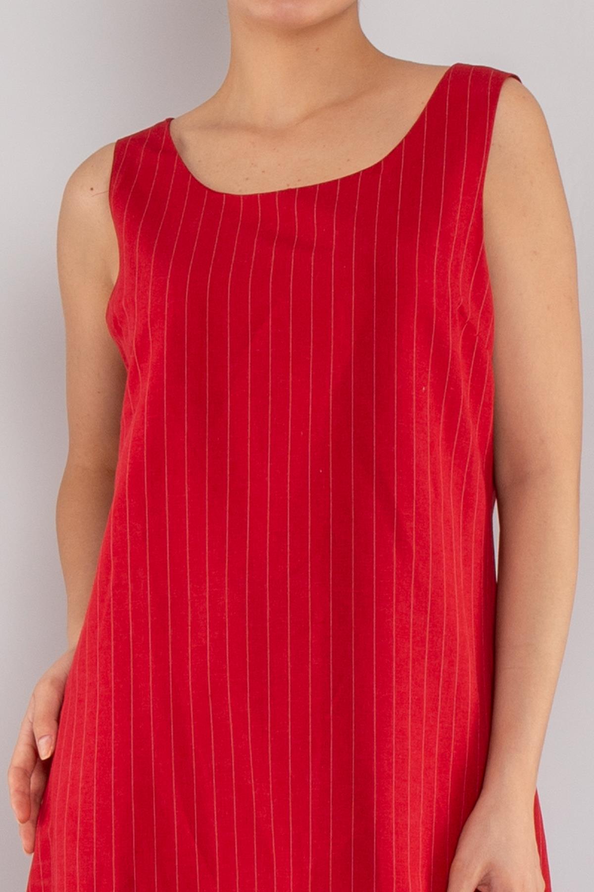 61877 İnce Çizgili Keten Kalın Askılı Astarlı Kısa Elbise