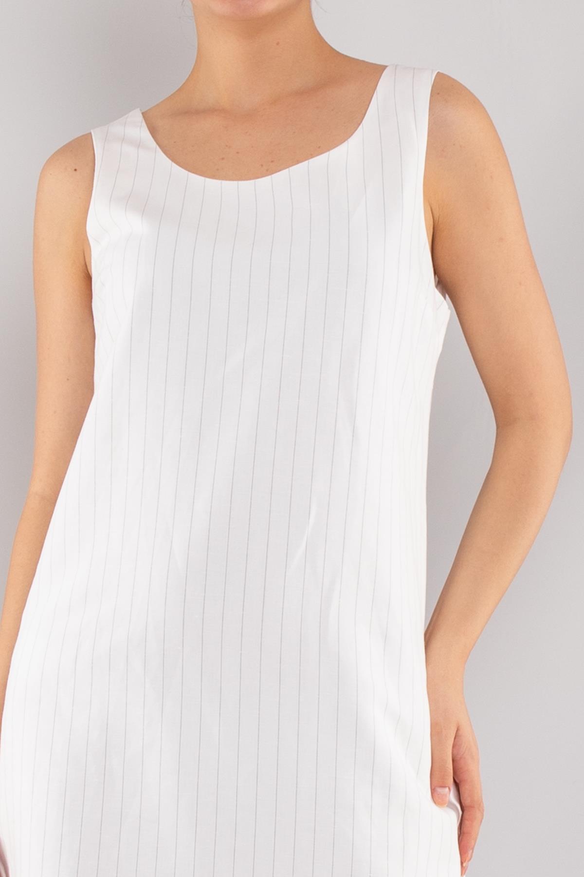 61877 İnce Çizgili Keten Kalın Askılı Astarlı Kısa Elbise