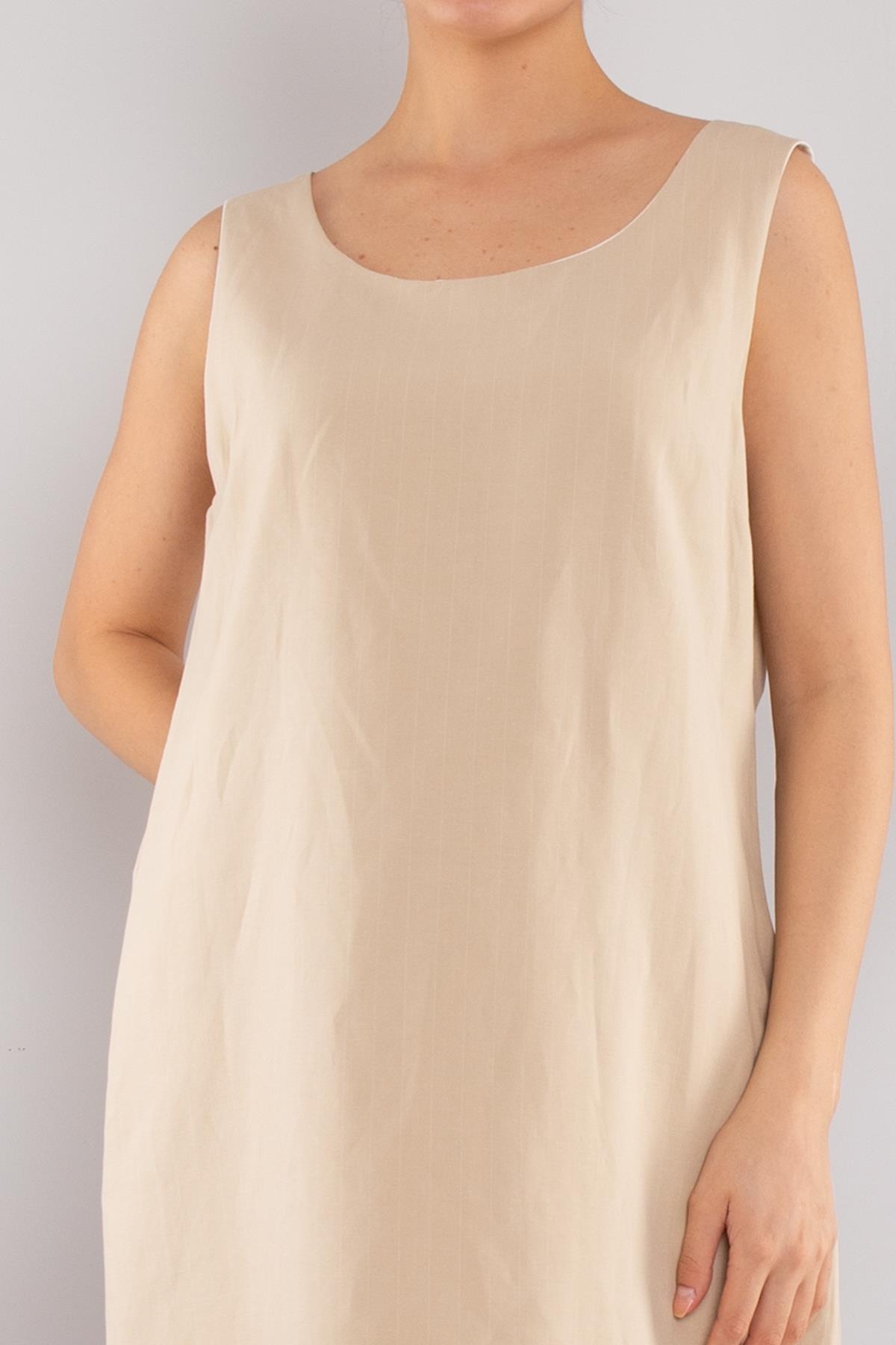 61877 İnce Çizgili Keten Kalın Askılı Astarlı Kısa Elbise