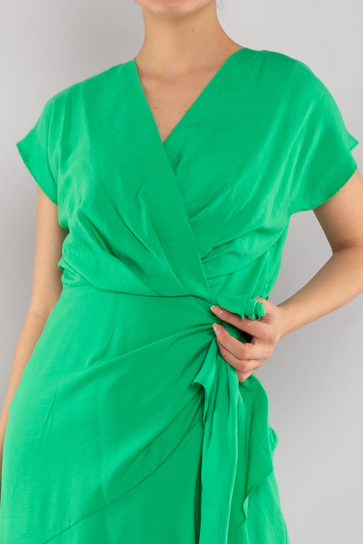 61878 Kruvaze Yaka Yandan Beli Bağlamalı Astarlı Midiboy Elbise