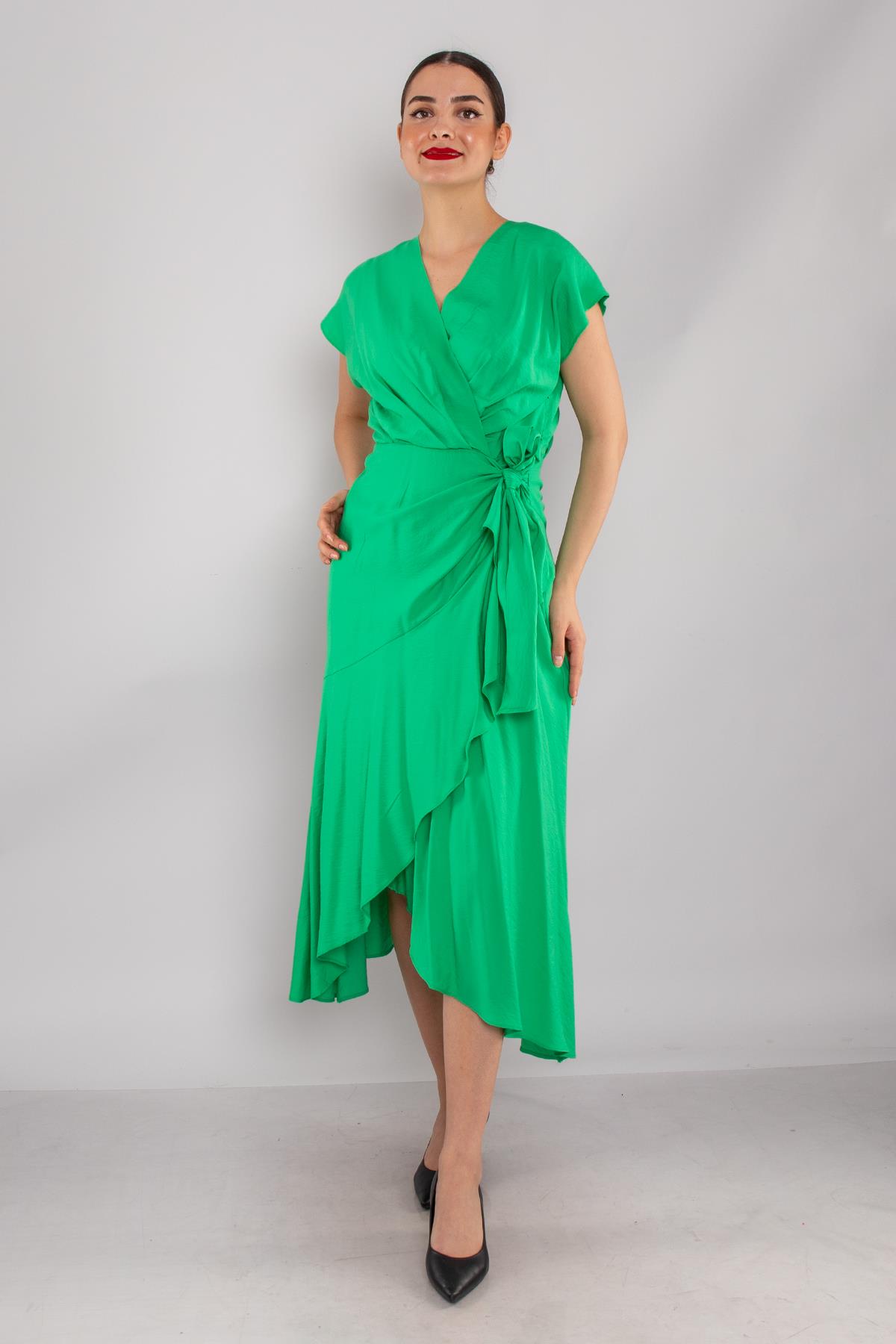 61878 Kruvaze Yaka Yandan Beli Bağlamalı Astarlı Midiboy Elbise