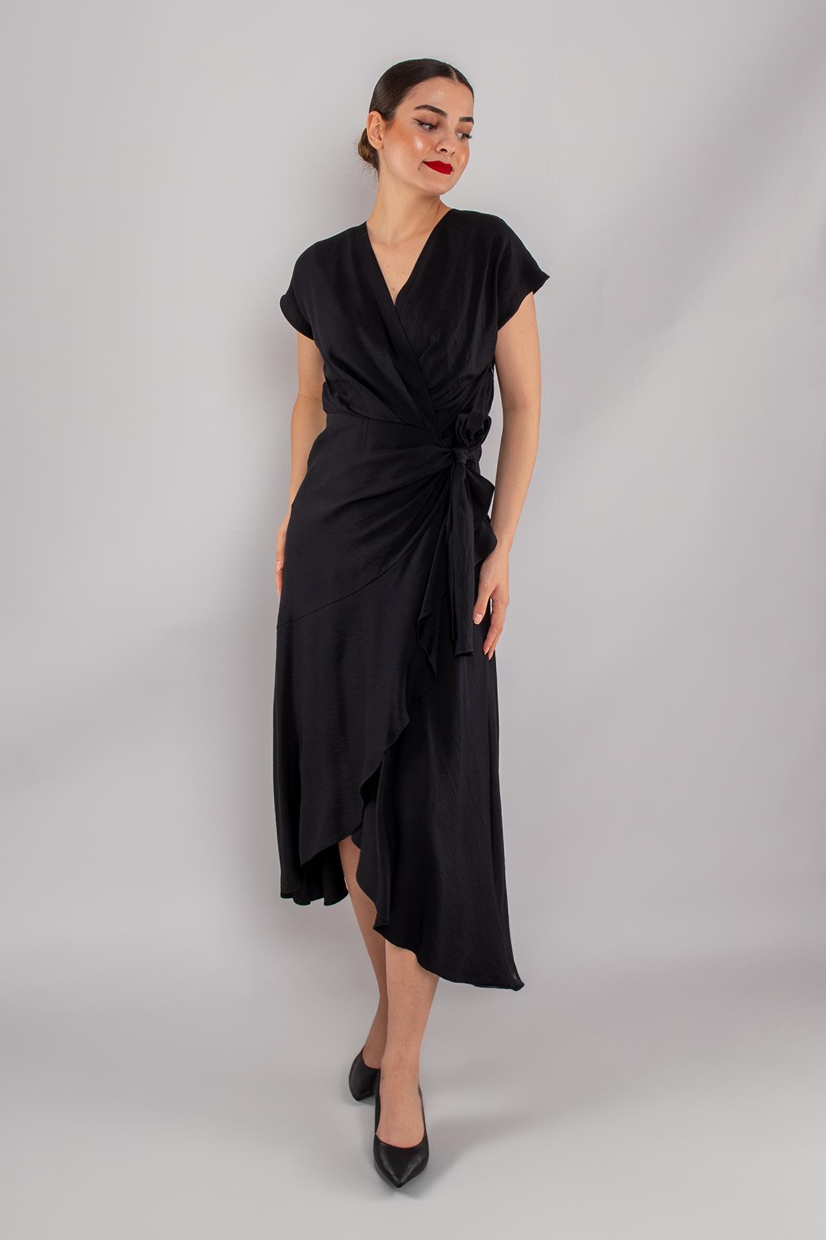 61878 Kruvaze Yaka Yandan Beli Bağlamalı Astarlı Midiboy Elbise