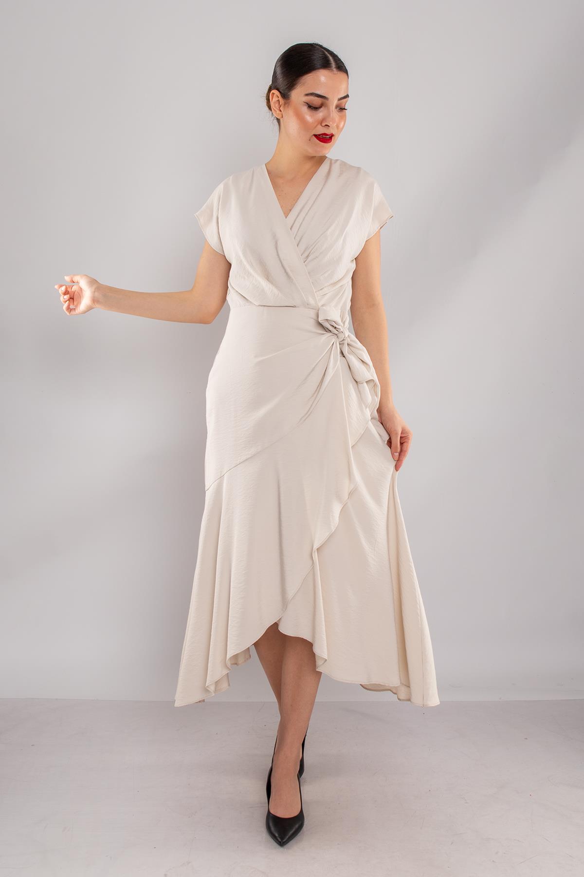 61878 Kruvaze Yaka Yandan Beli Bağlamalı Astarlı Midiboy Elbise