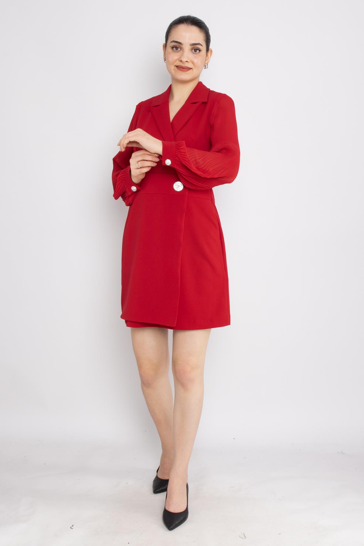 61891 Pilise Kol Kruvaze Yaka Broş Detay Kapaklı Kısa Krep Elbise