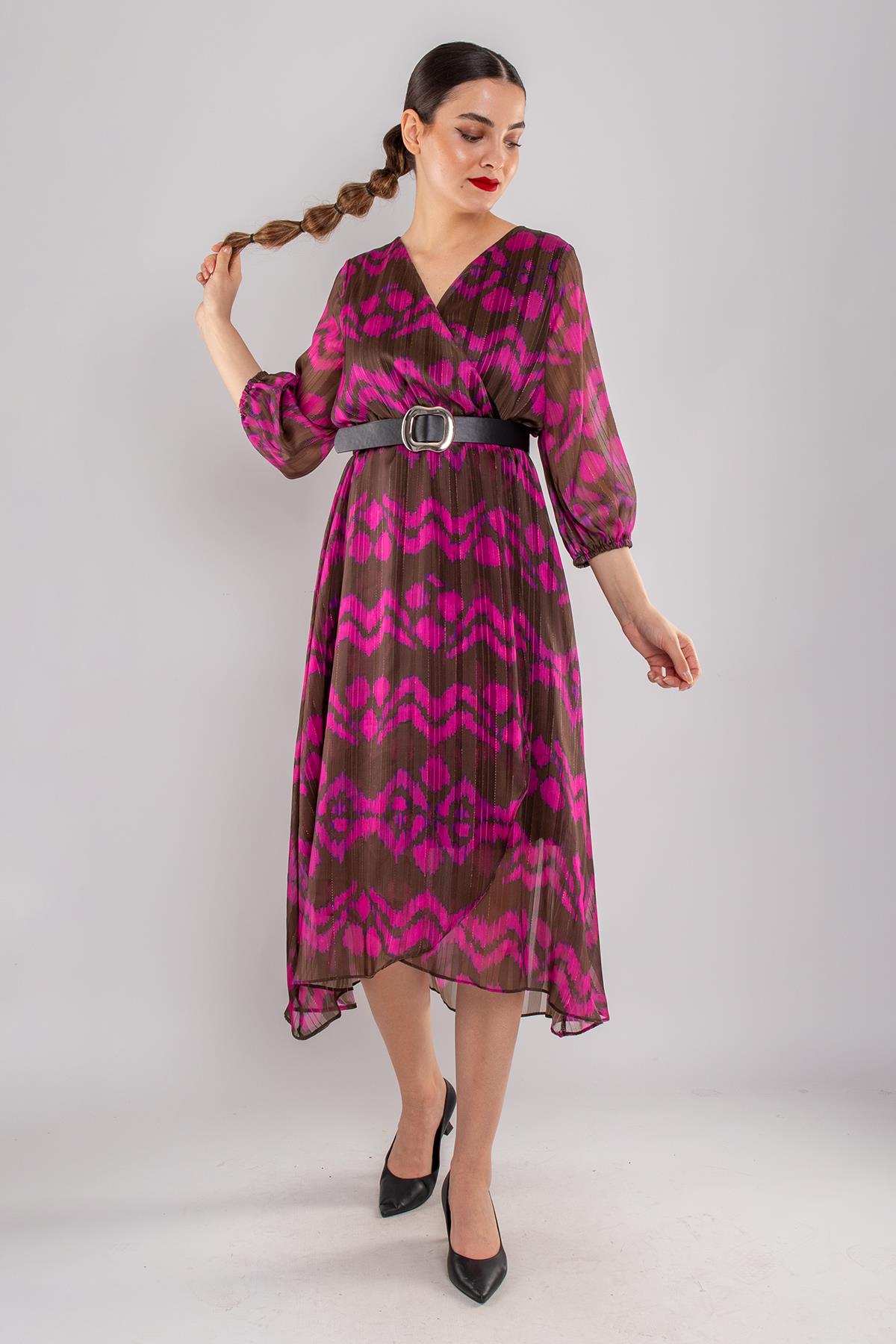 61892 Kemerli Kruvaze Yaka Desenli Simli Şifon Kısa Elbise