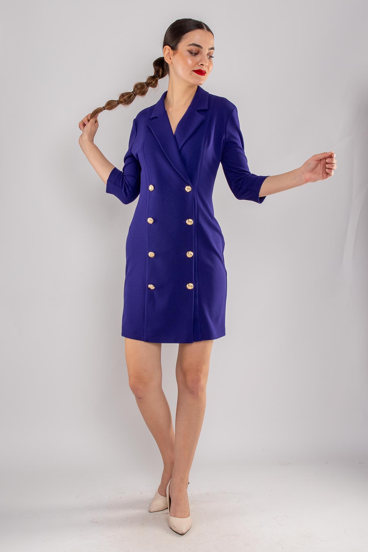 61893 Truvakar Kol Yakalı Düğmeli Krep Ceket Elbise