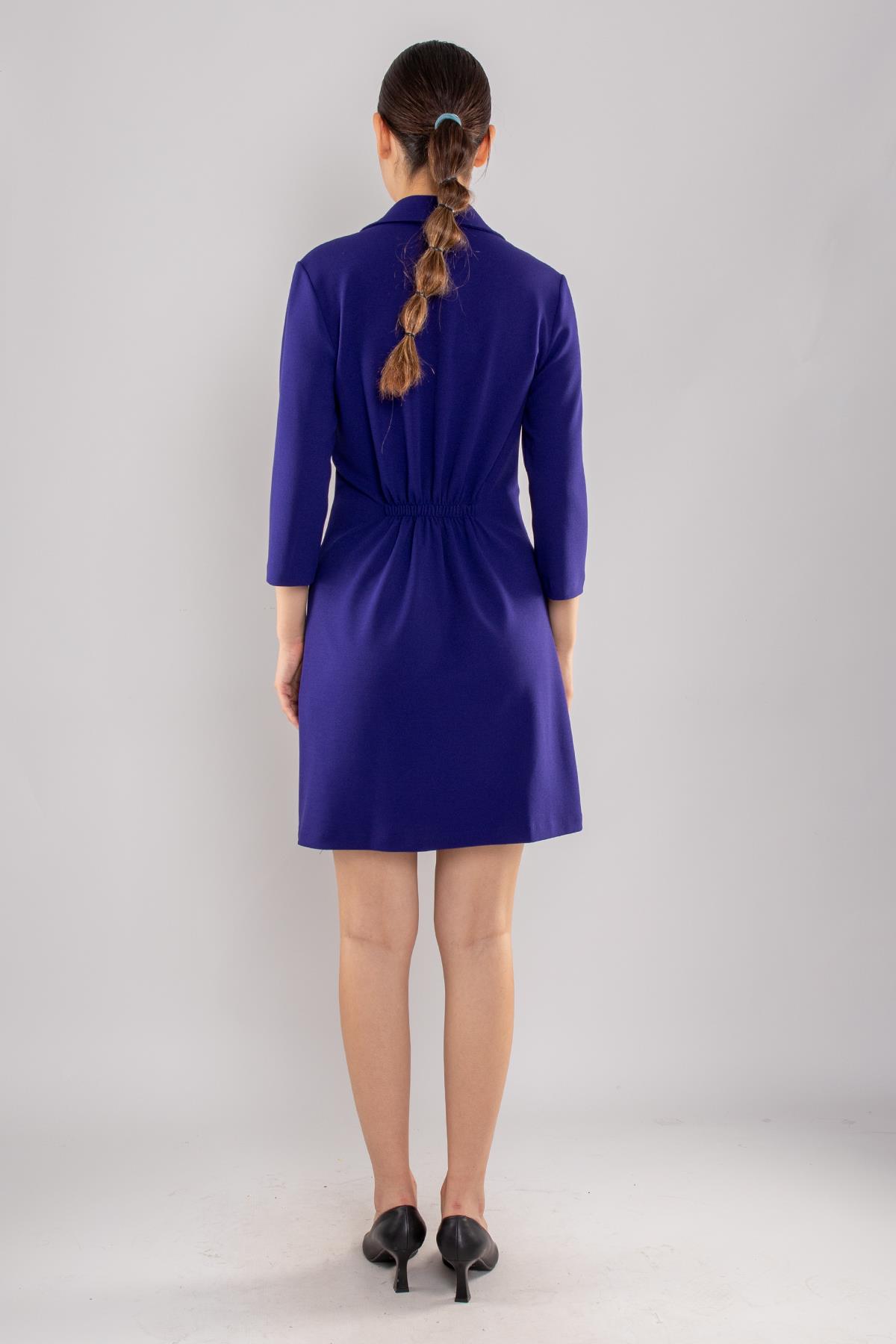 61895 Beli Lastik Yandan Drape Truvakar Kol Yakalı Krep Elbise