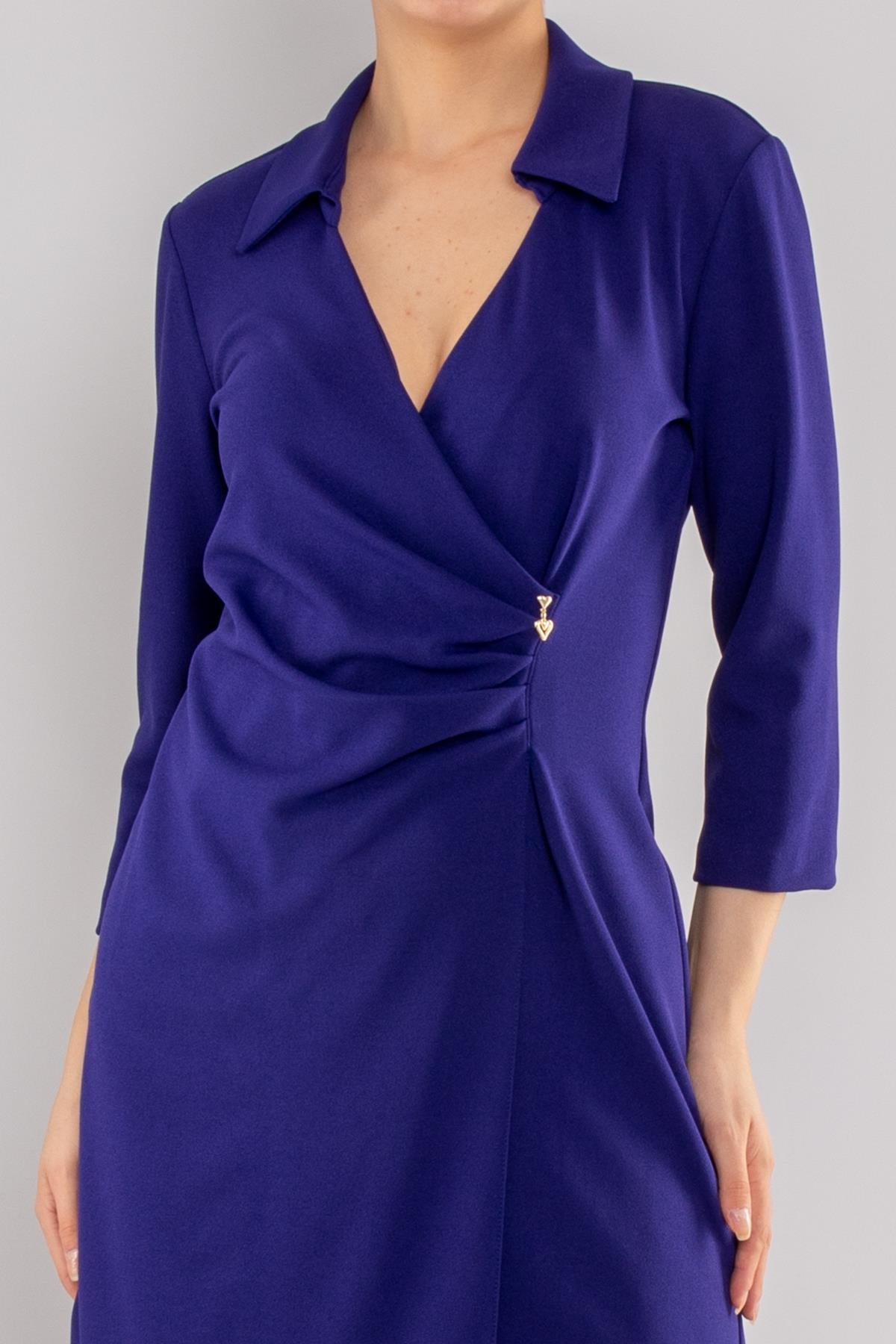 61895 Beli Lastik Yandan Drape Truvakar Kol Yakalı Krep Elbise