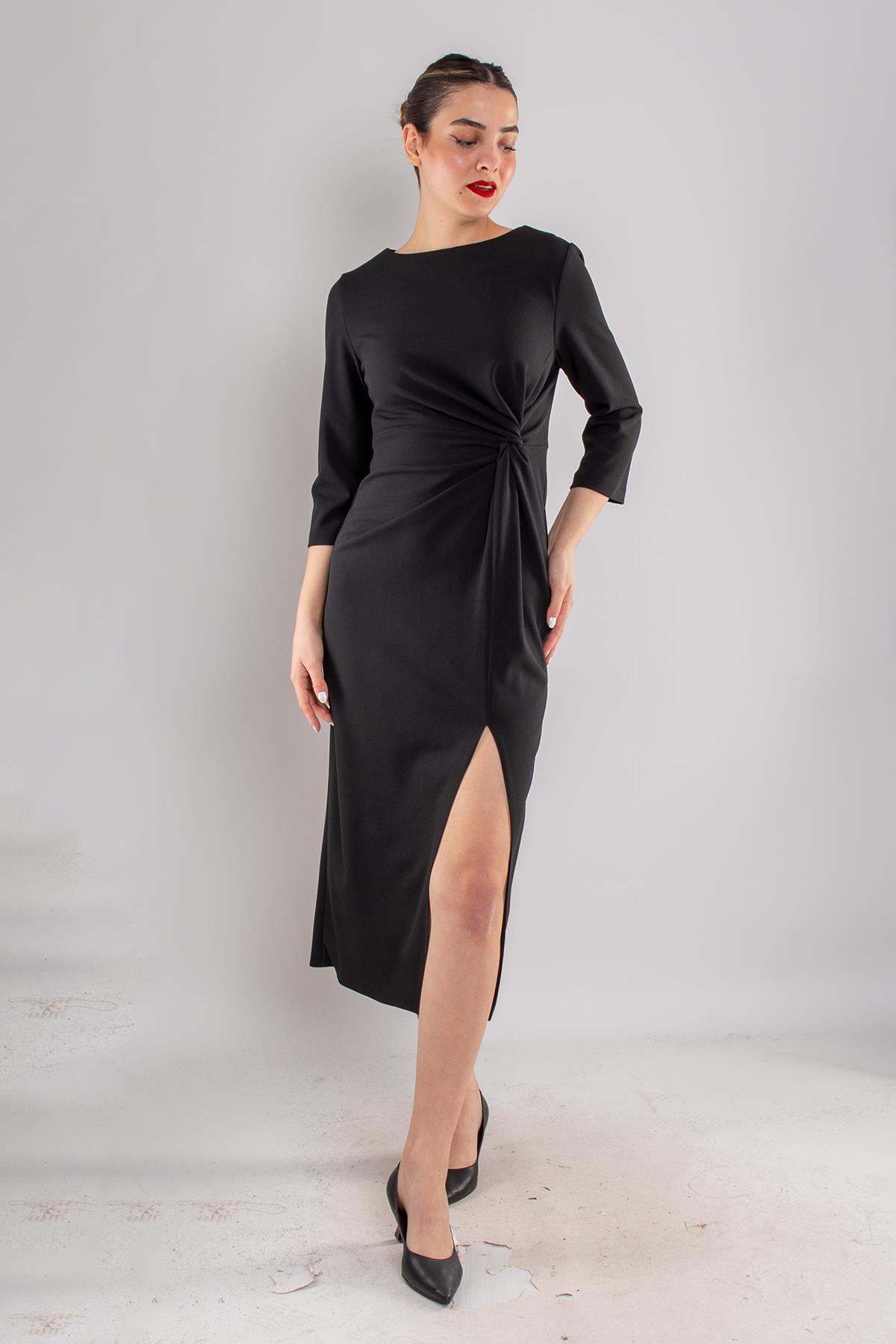 61923 Kollu Bisiklet Yaka Yandan Büzgülü Uzun Krep Elbise