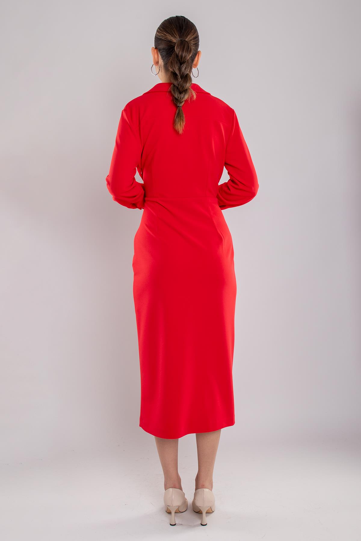 61924 Kruvaze Yakalı Uzun Krep Elbise