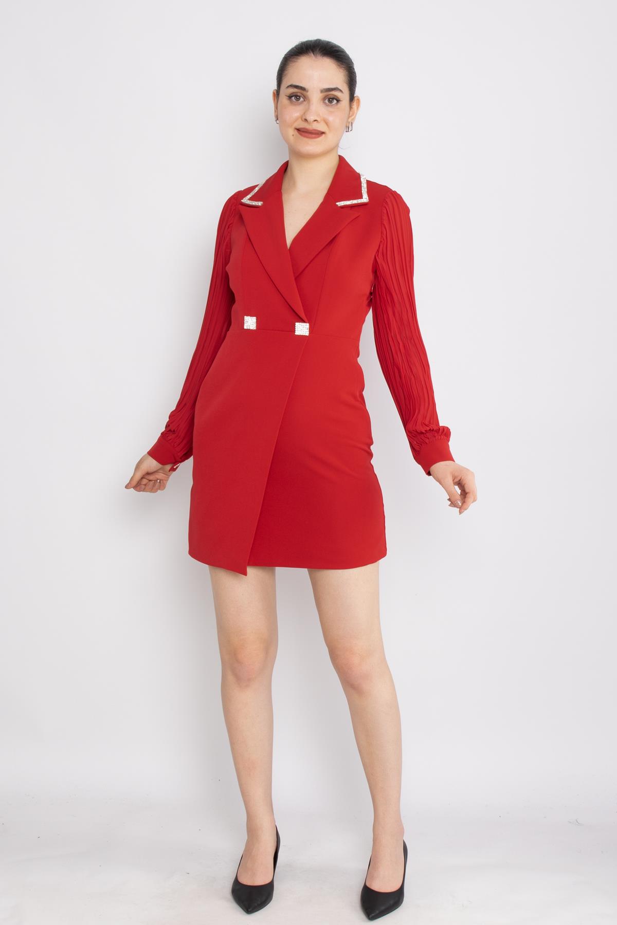 61992 Akordion Kol Yaka Taş Detay Kısa Krep Elbise