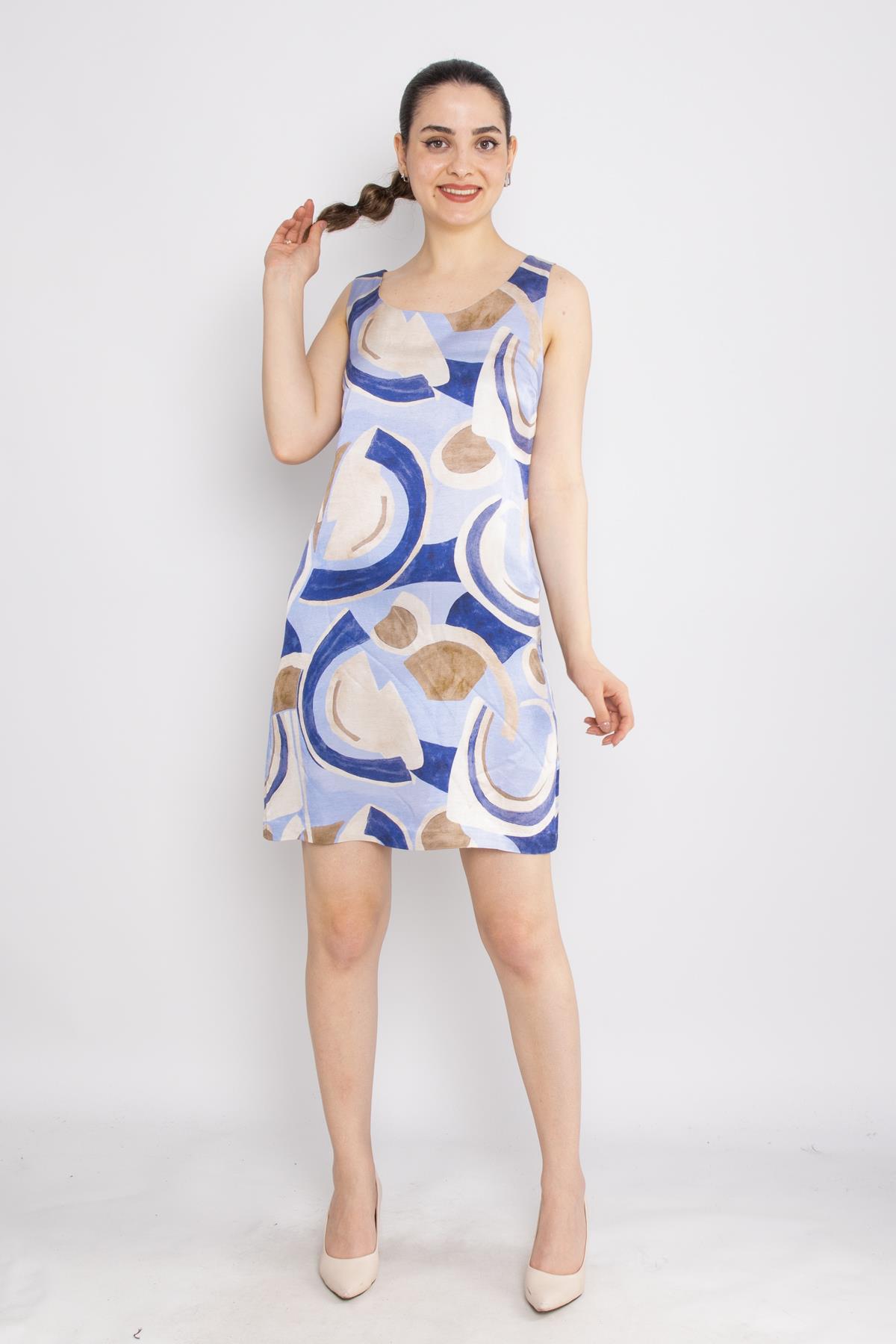 62039 Geometrik Desen Astarsız Keten Kolsuz Elbise