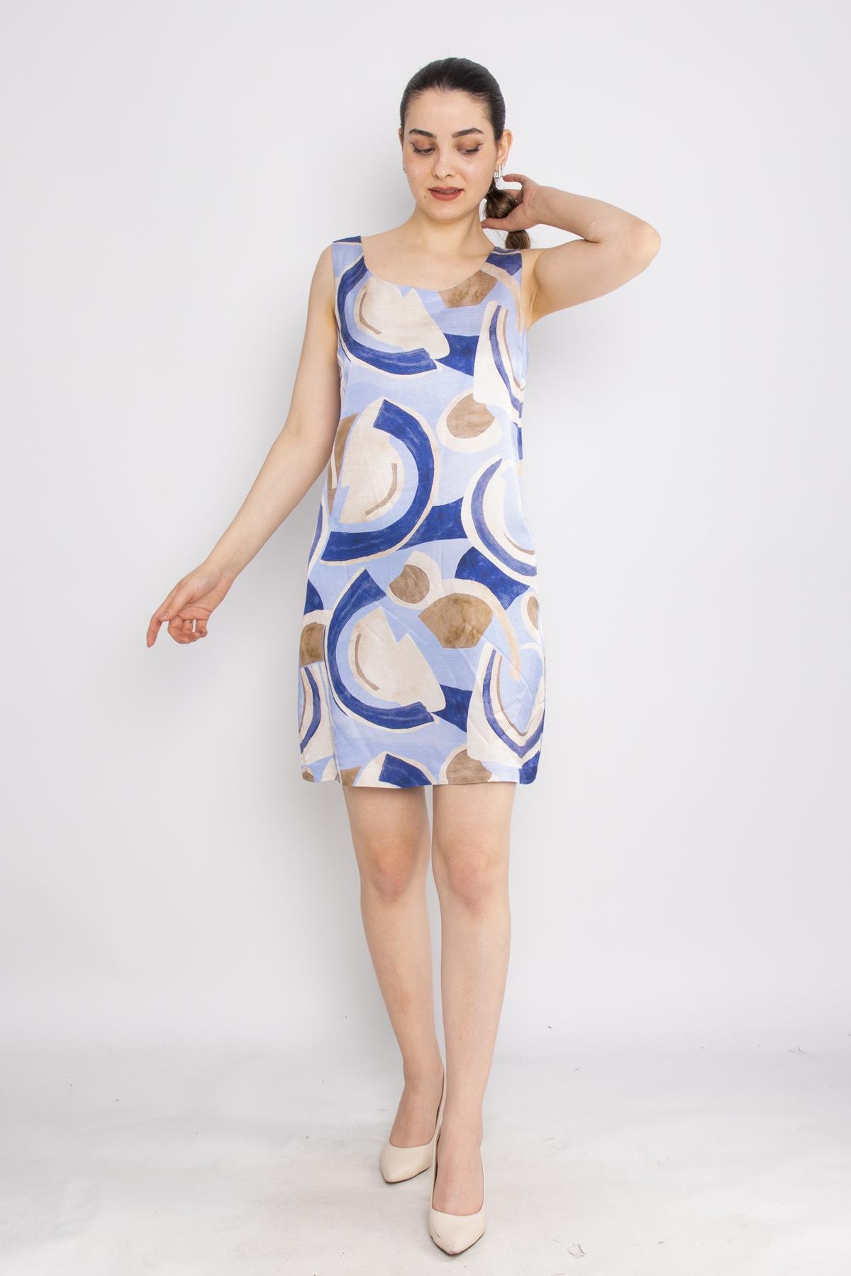 62039 Geometrik Desen Astarsız Keten Kolsuz Elbise