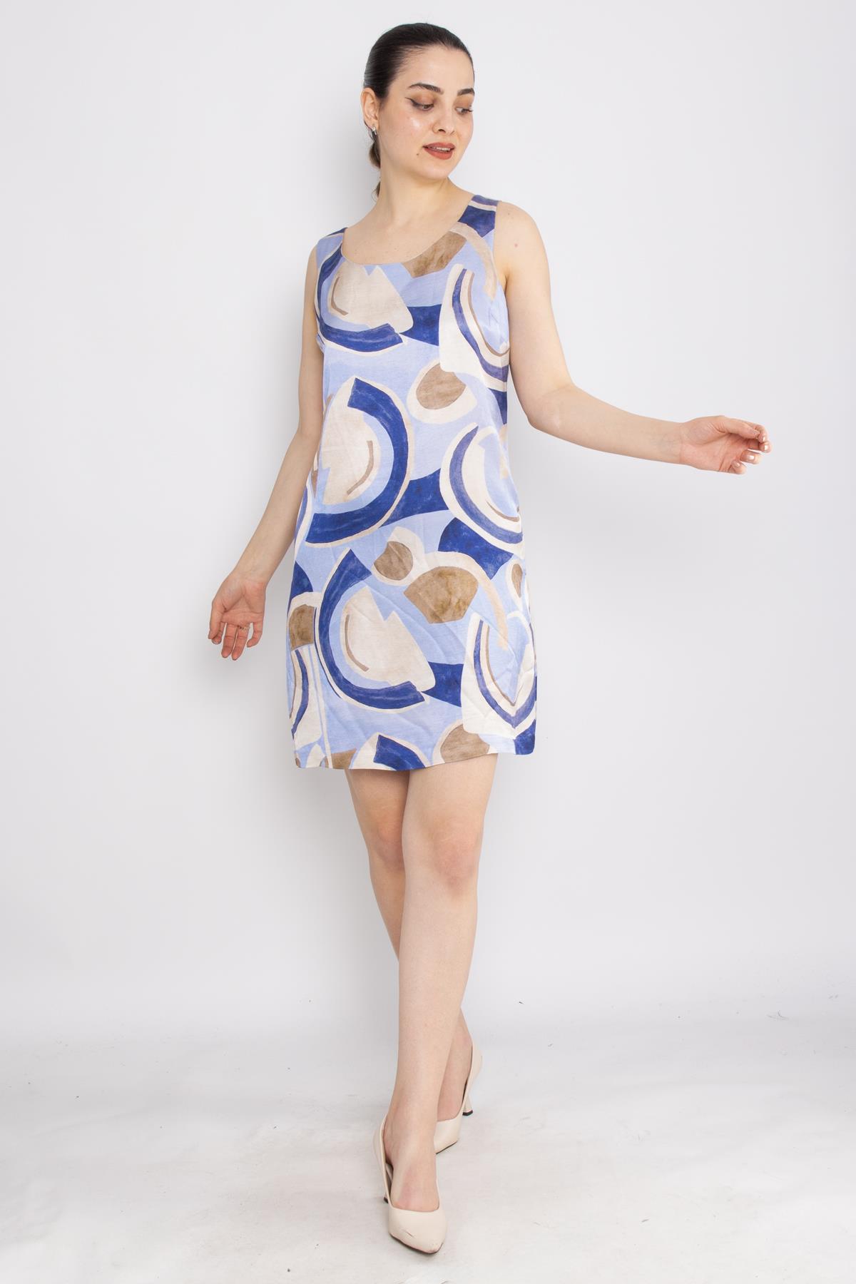 62039 Geometrik Desen Astarsız Keten Kolsuz Elbise