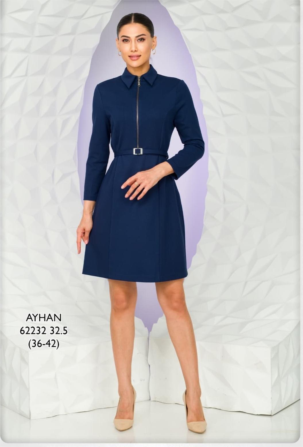 62232 Yaka Fermuarlı Kemerli Kısa Kendinden Desenli Elbise