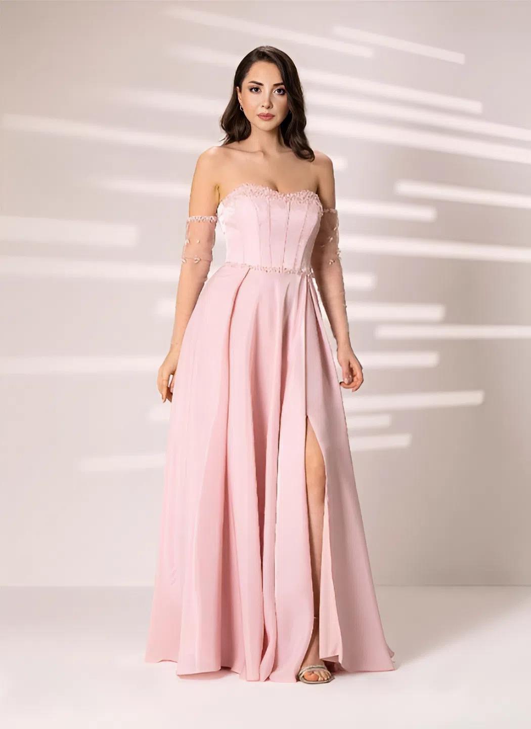 629 Straplez Tül Kollu Saten Prenses Taşlı Elbise