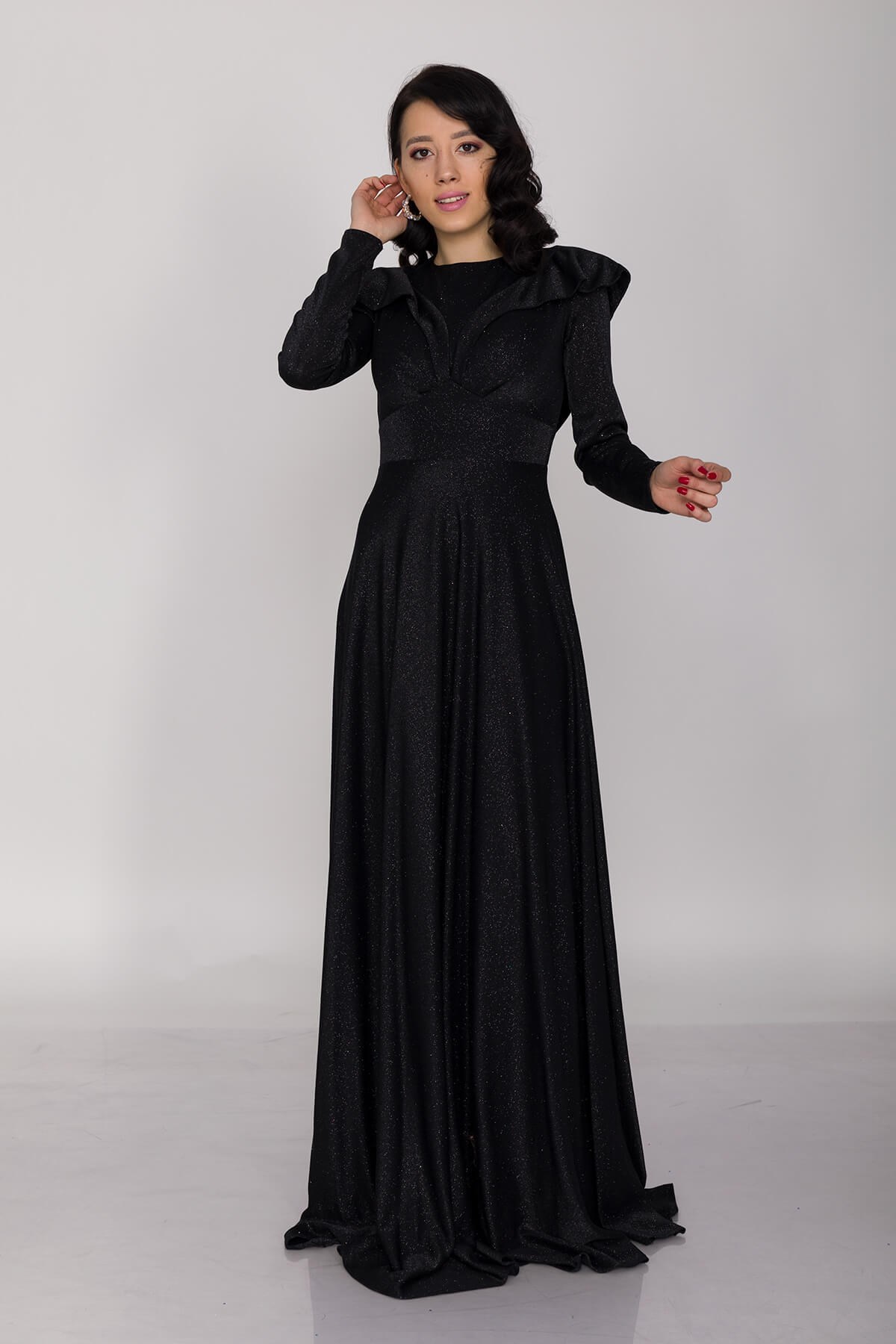 6394 KB Yaka Fırfırlı Tesettür Simli Elbise