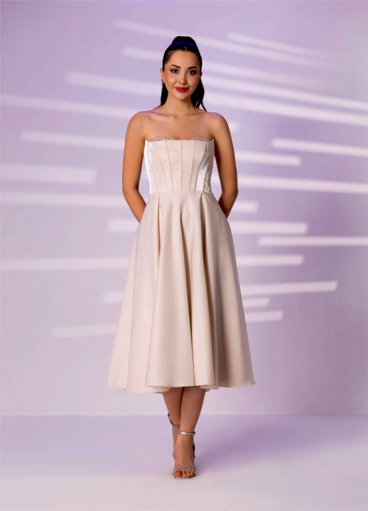 640 Straplez Yaka Taşlı Balenli Midiboy Saten Elbise