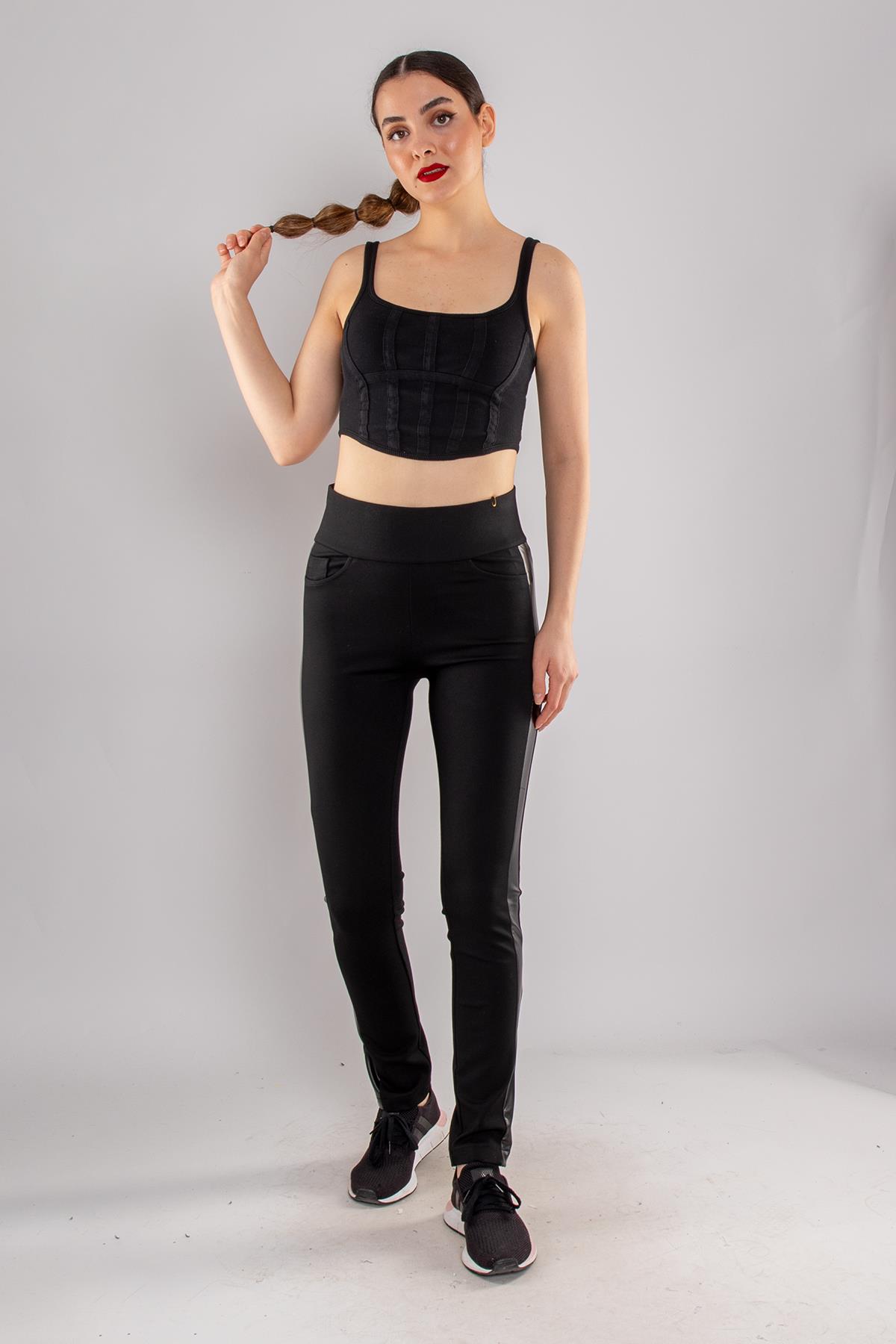 6424 Yanı Derili Çelikli Rayon Tayt Pantolon