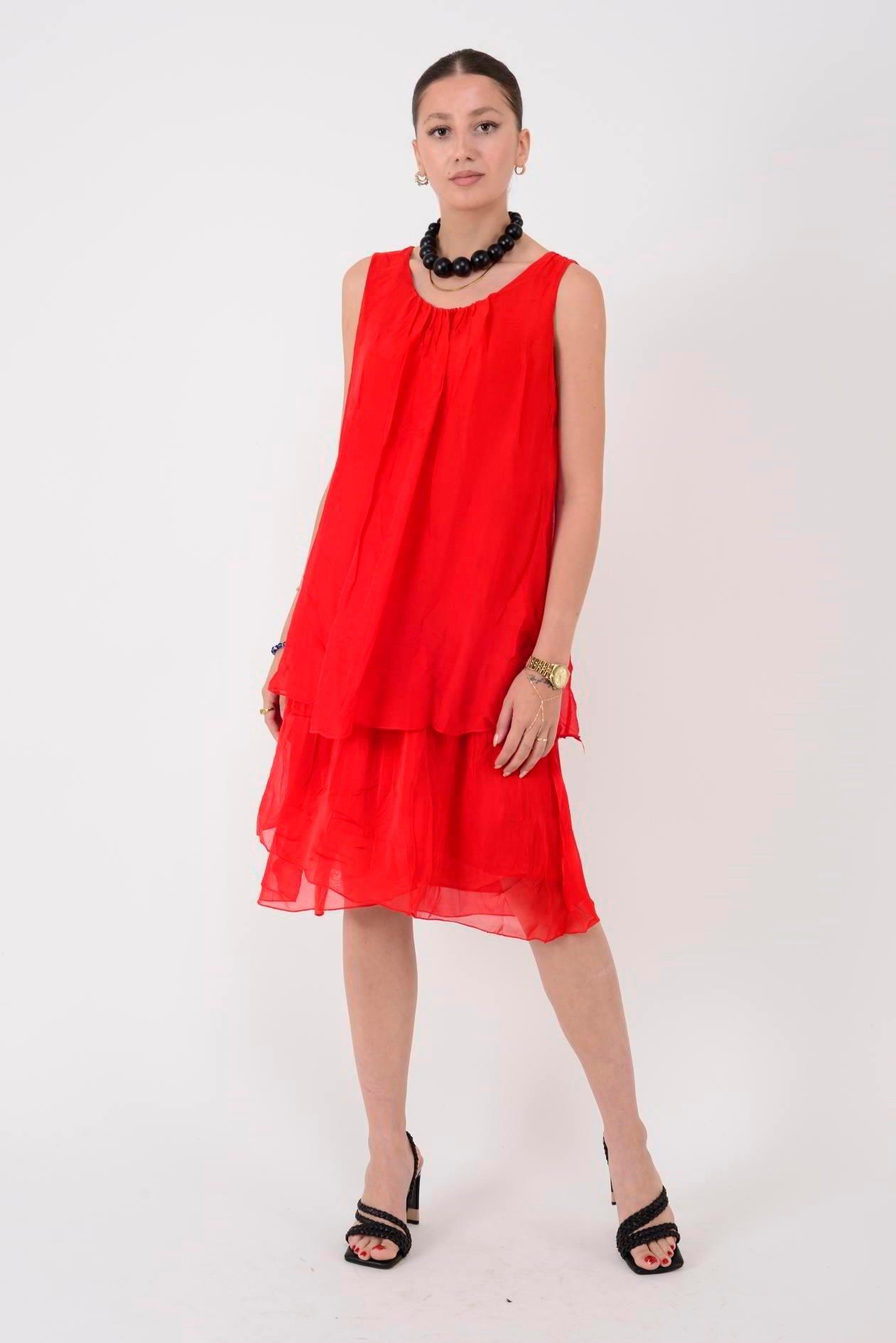 64964 Düz Desen Sıfır Yaka Astarlı Kısa İpek Elbise