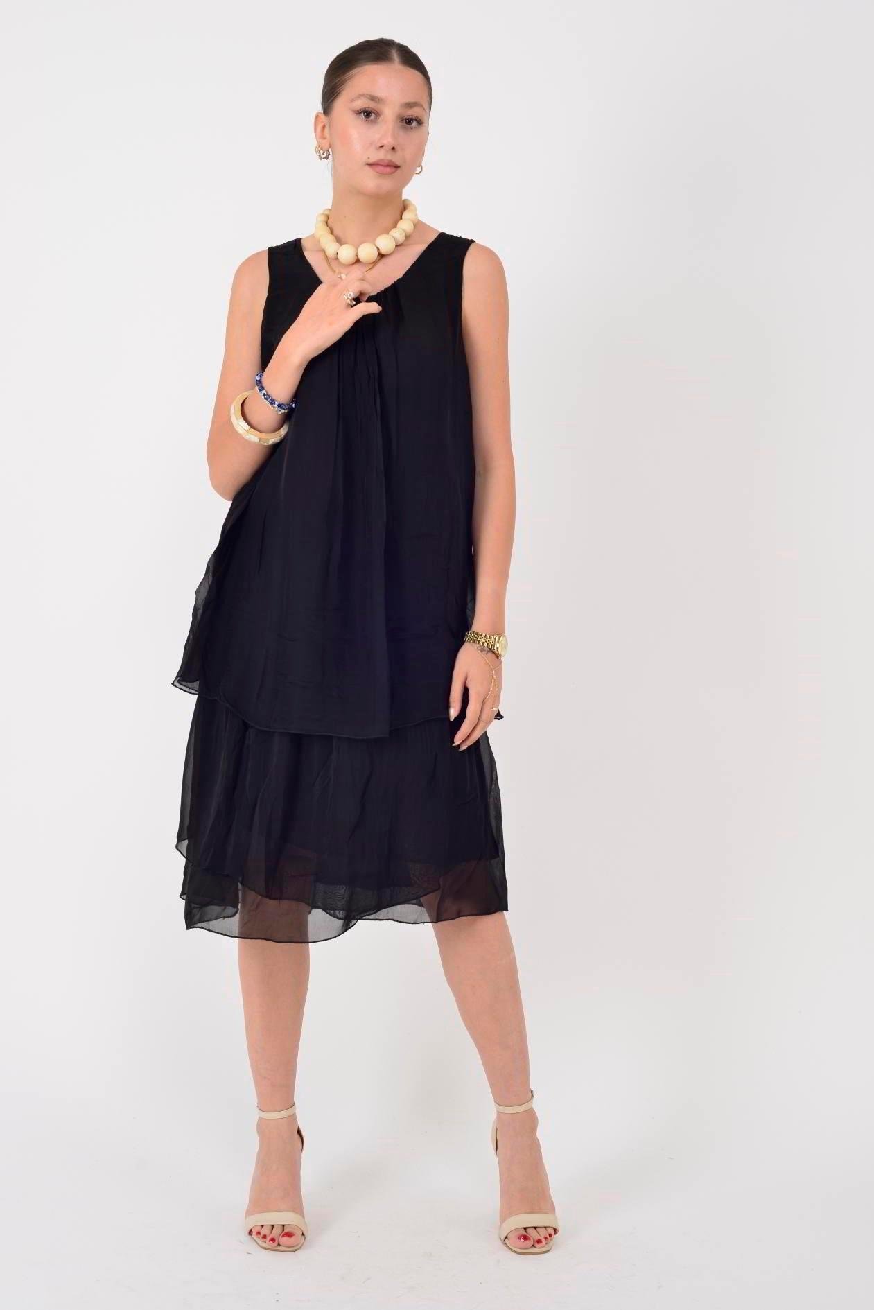 64964 Düz Desen Sıfır Yaka Astarlı Kısa İpek Elbise