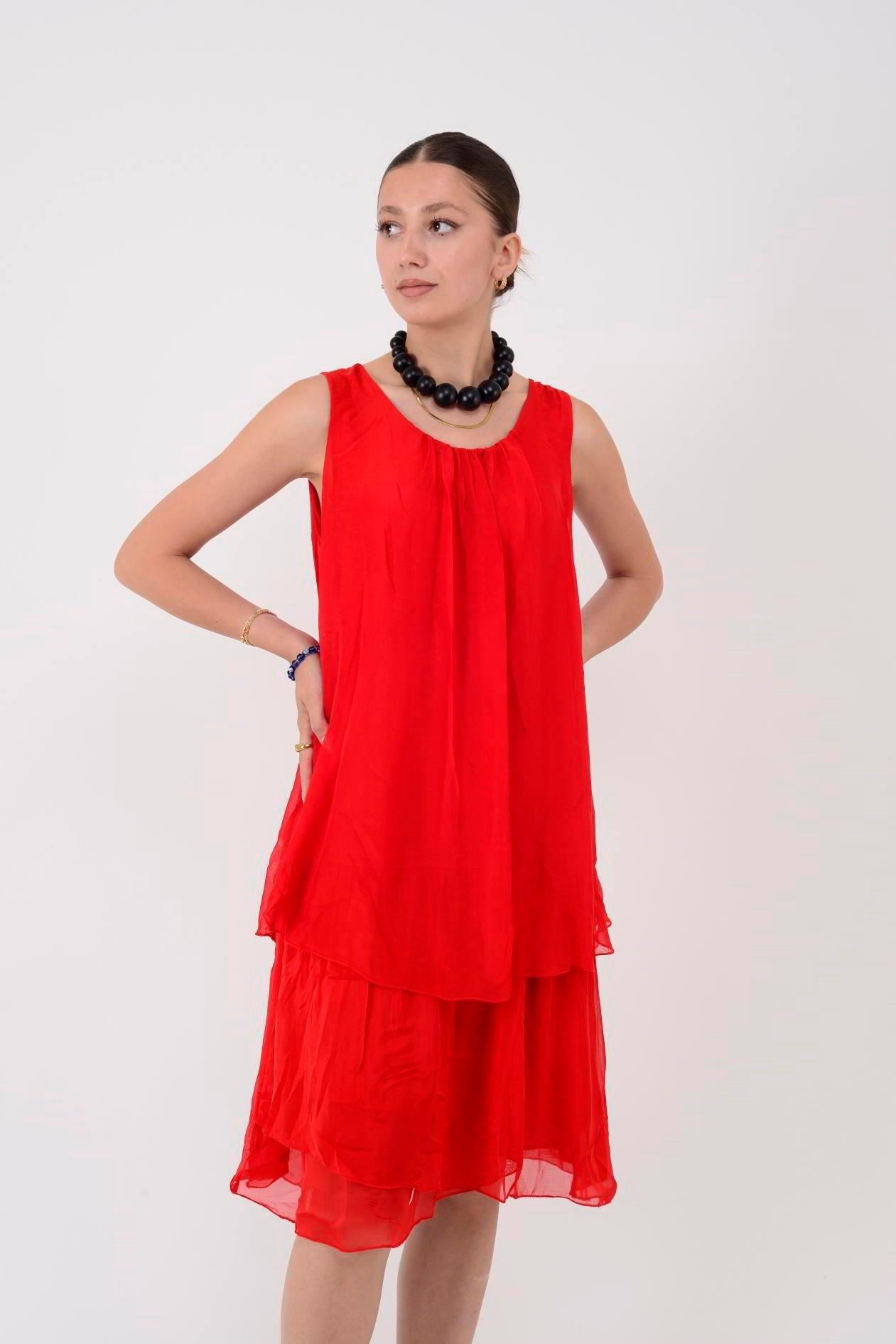 64964 Düz Desen Sıfır Yaka Astarlı Kısa İpek Elbise