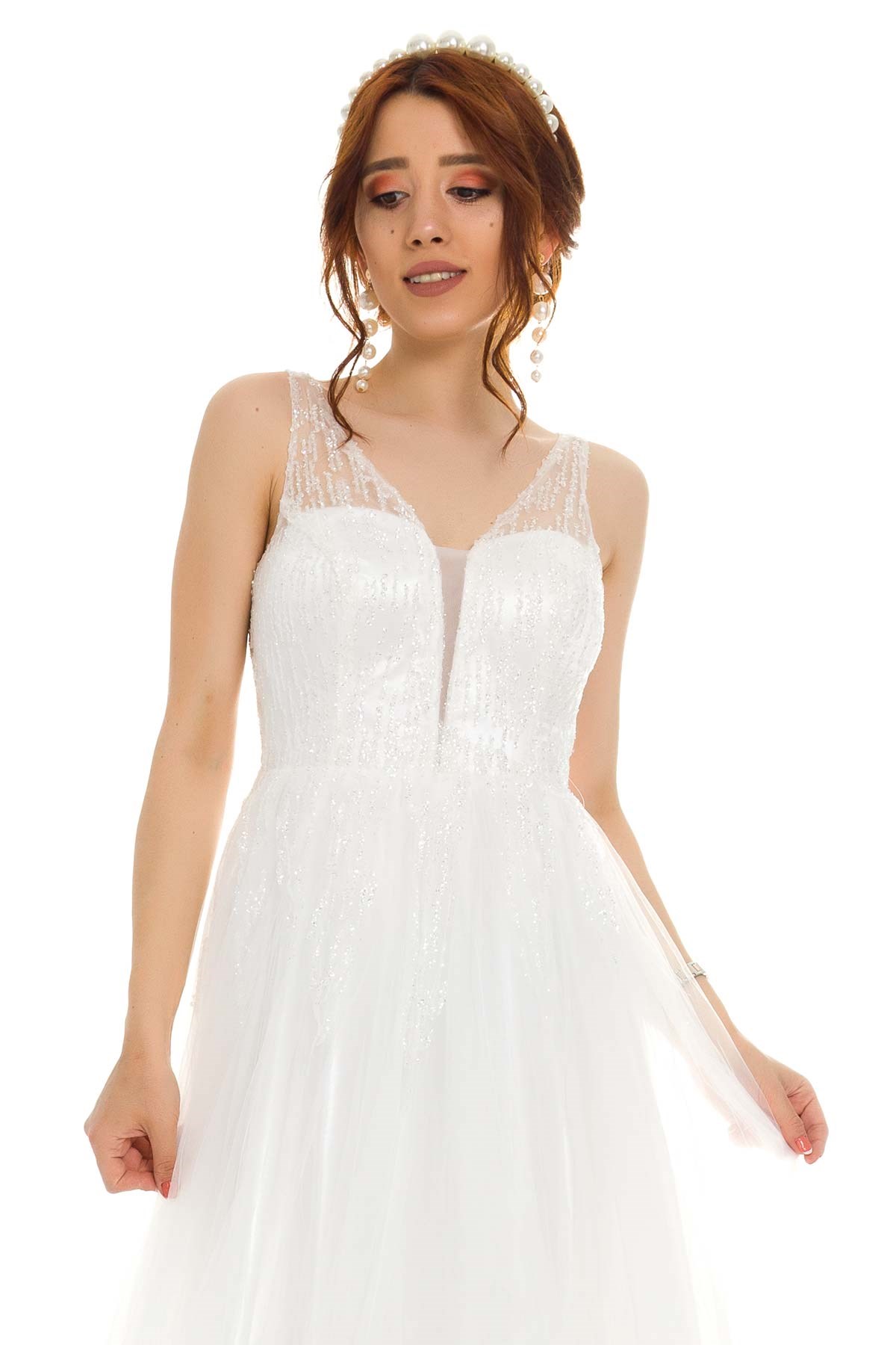 6871 KB İşlemeli Uzun Tül Abiye Elbise