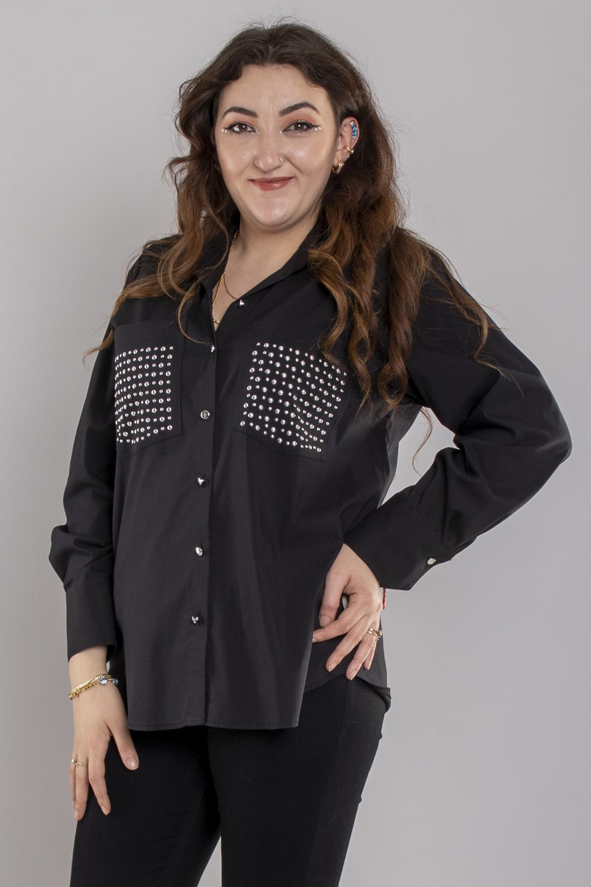 7003 Büyük Beden Cepli Zımba Detay Pamuklu Gömlek