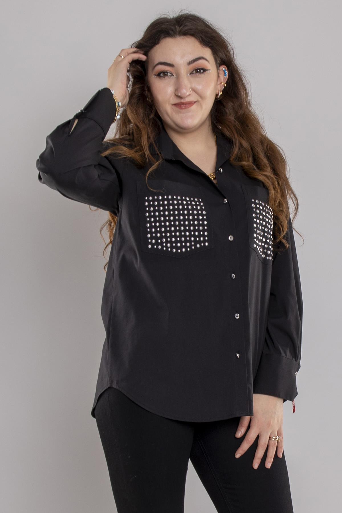 7003 Büyük Beden Cepli Zımba Detay Pamuklu Gömlek