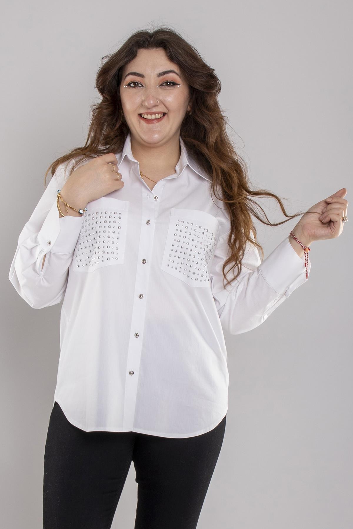 7003 Büyük Beden Cepli Zımba Detay Pamuklu Gömlek