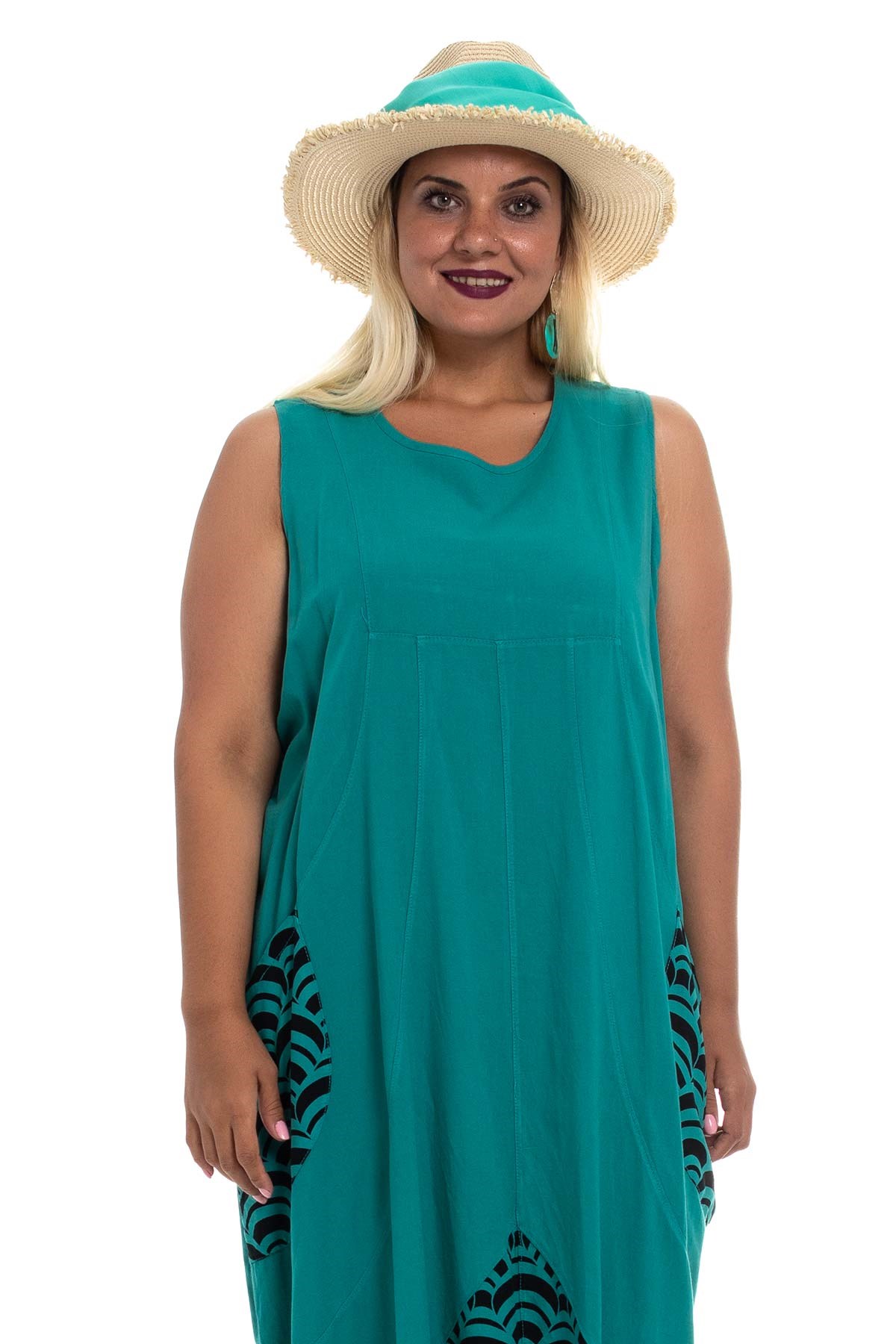 7009 EtekUcu Ve Cepleri Desenli Kolsuz Pamuk Elbise