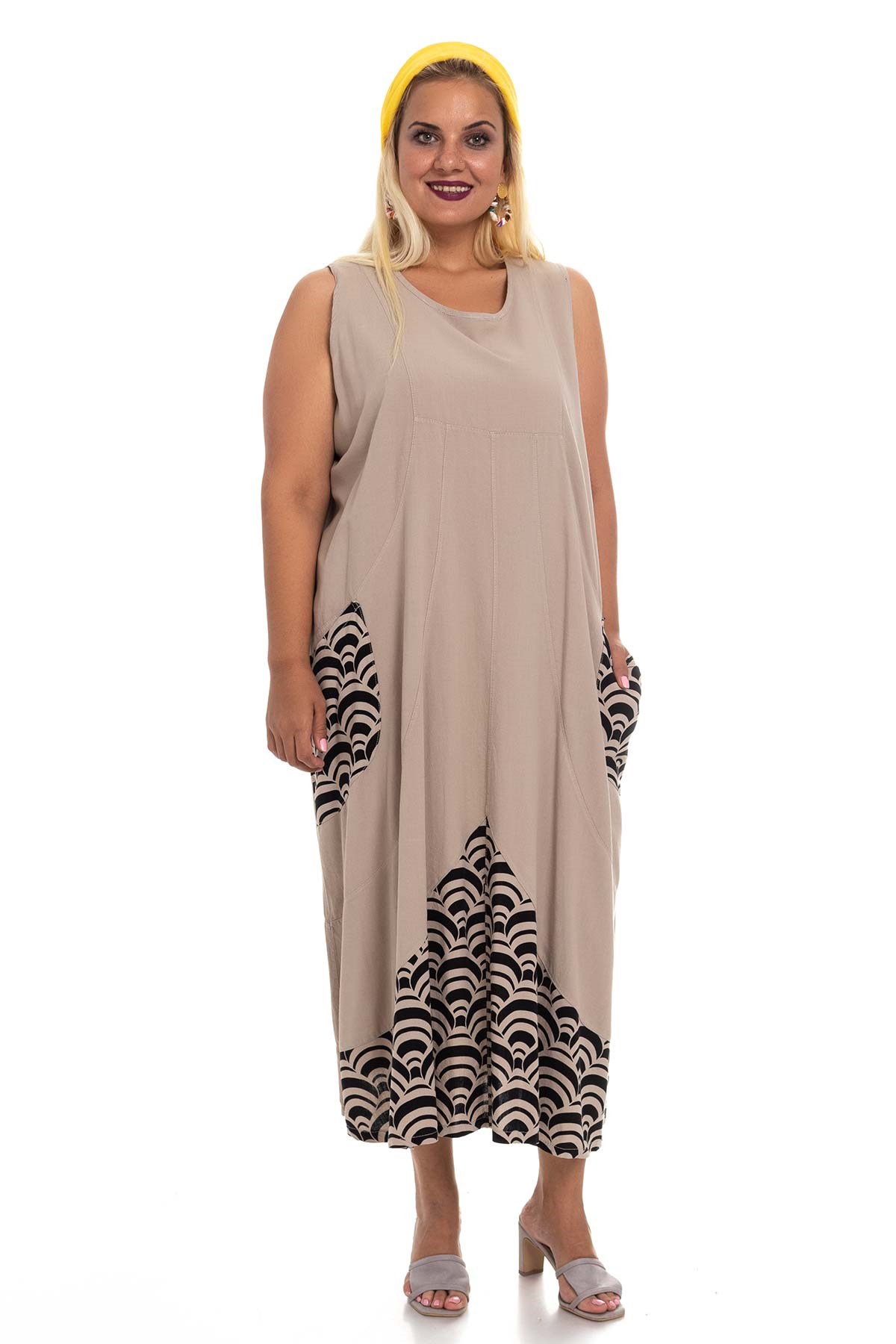 7009 EtekUcu Ve Cepleri Desenli Kolsuz Pamuk Elbise